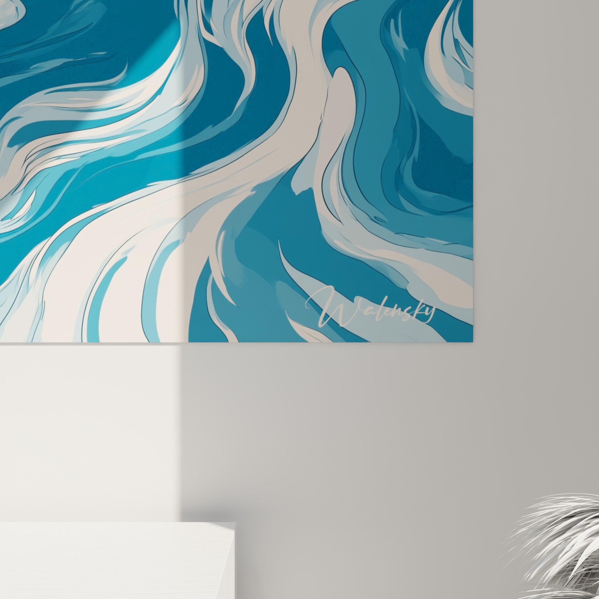Détail des coulures bleu profond et blanc cassé, texture d'impression visible en angle rapproché sur l'œuvre