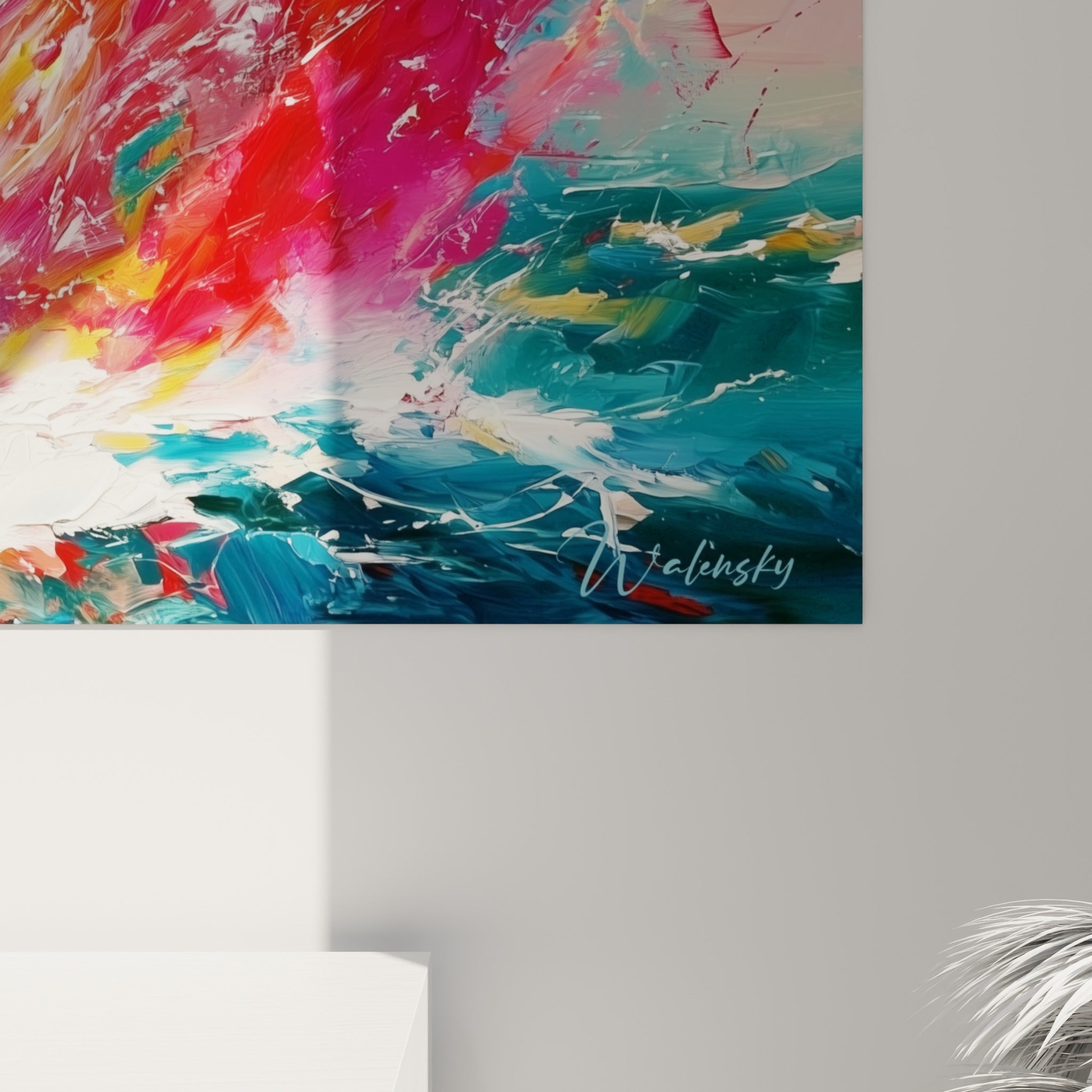 Empâtements épais mêlant blanc nacré, rouge carmin et turquoise sur la toile du Beluga en gros plan