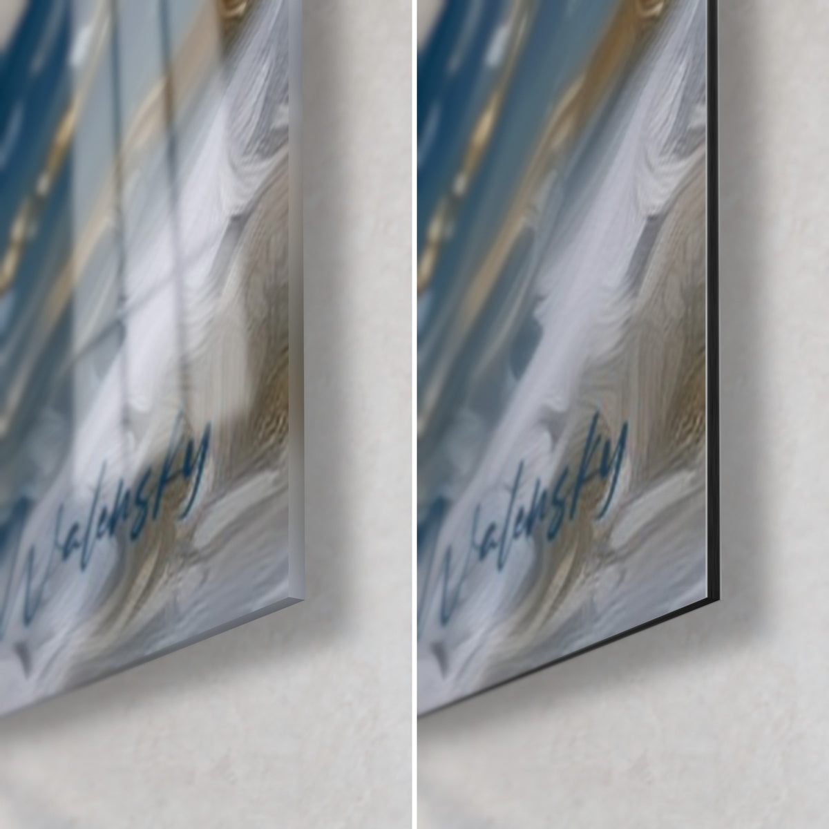 Quadro beluga avorio e oro, angolo in basso a destra: vetro acrilico lucido a sinistra, alluminio Dibond opaco a destra, spessore 3 mm