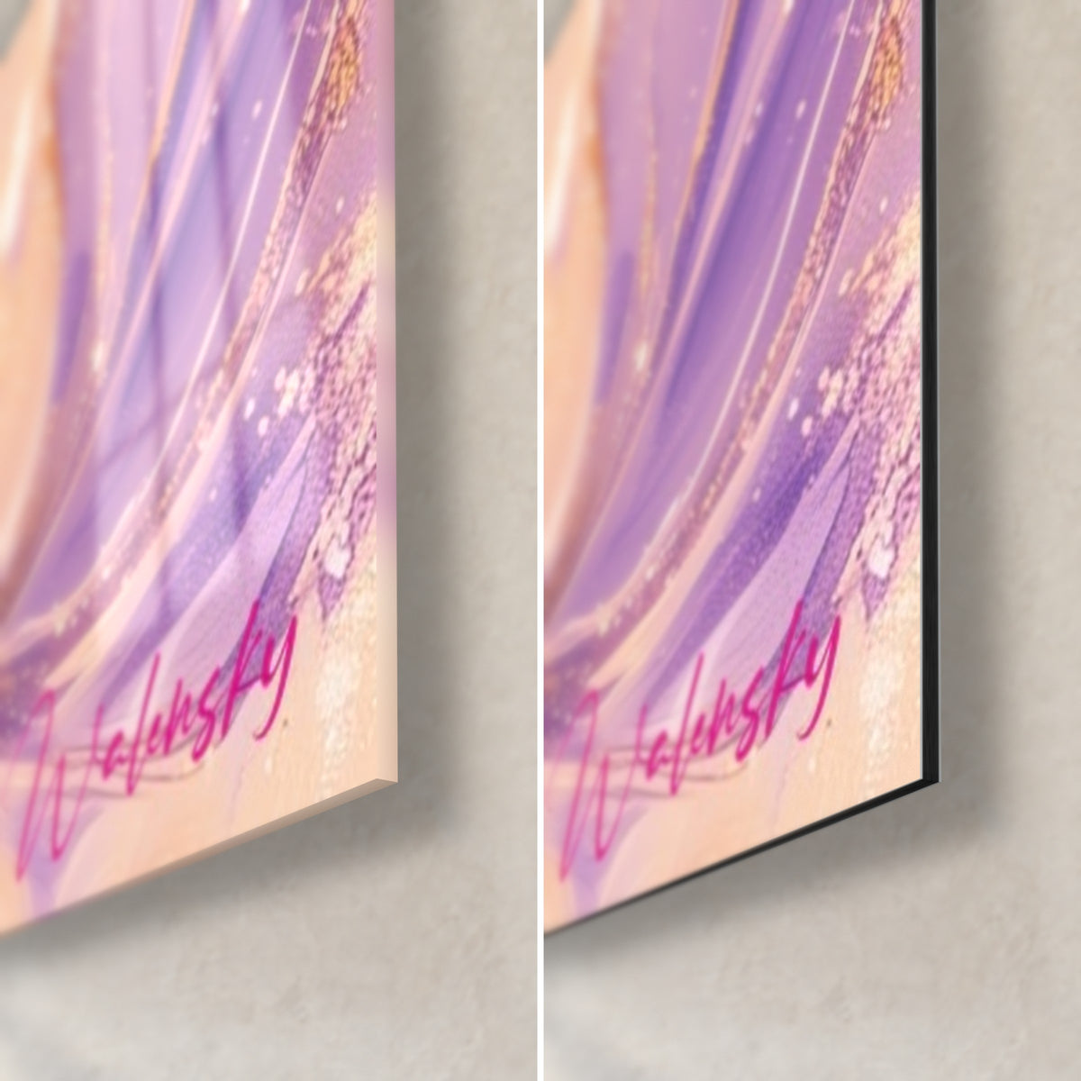 Tableau beluga lilas et or, coin bas droit : verre brillant à gauche, alu Dibond mat à droite, tranche de 3 mm