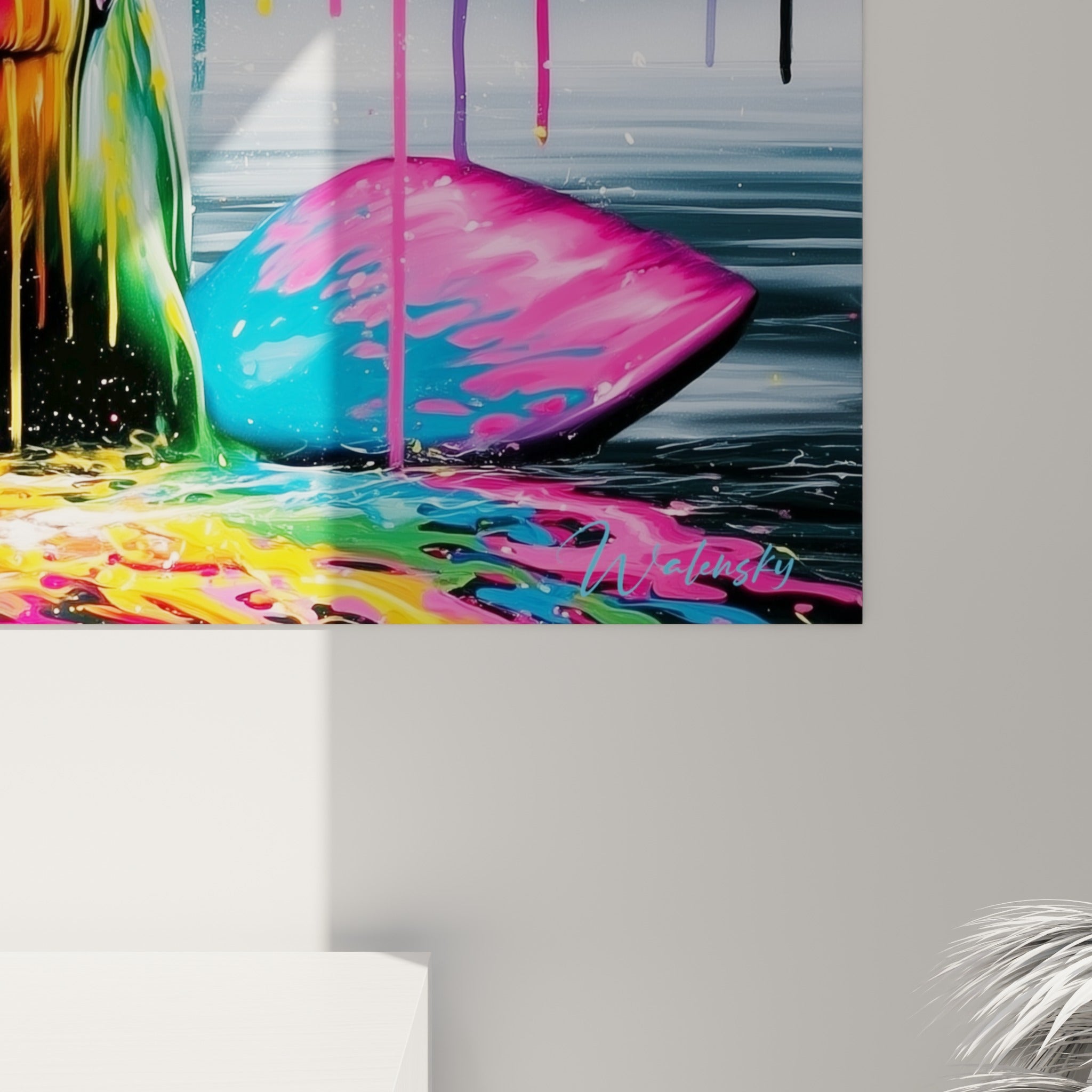 Coulures épaisses jaune, turquoise et magenta se mêlant sur la texture peinte du beluga accroché au mur