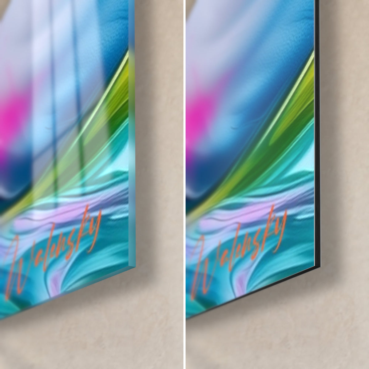Quadro di un cetaceo bianco dalle pinne lisce, onde turchesi e rosa, angolo in basso a destra: vetro lucido a sinistra, Dibond nero opaco a destra