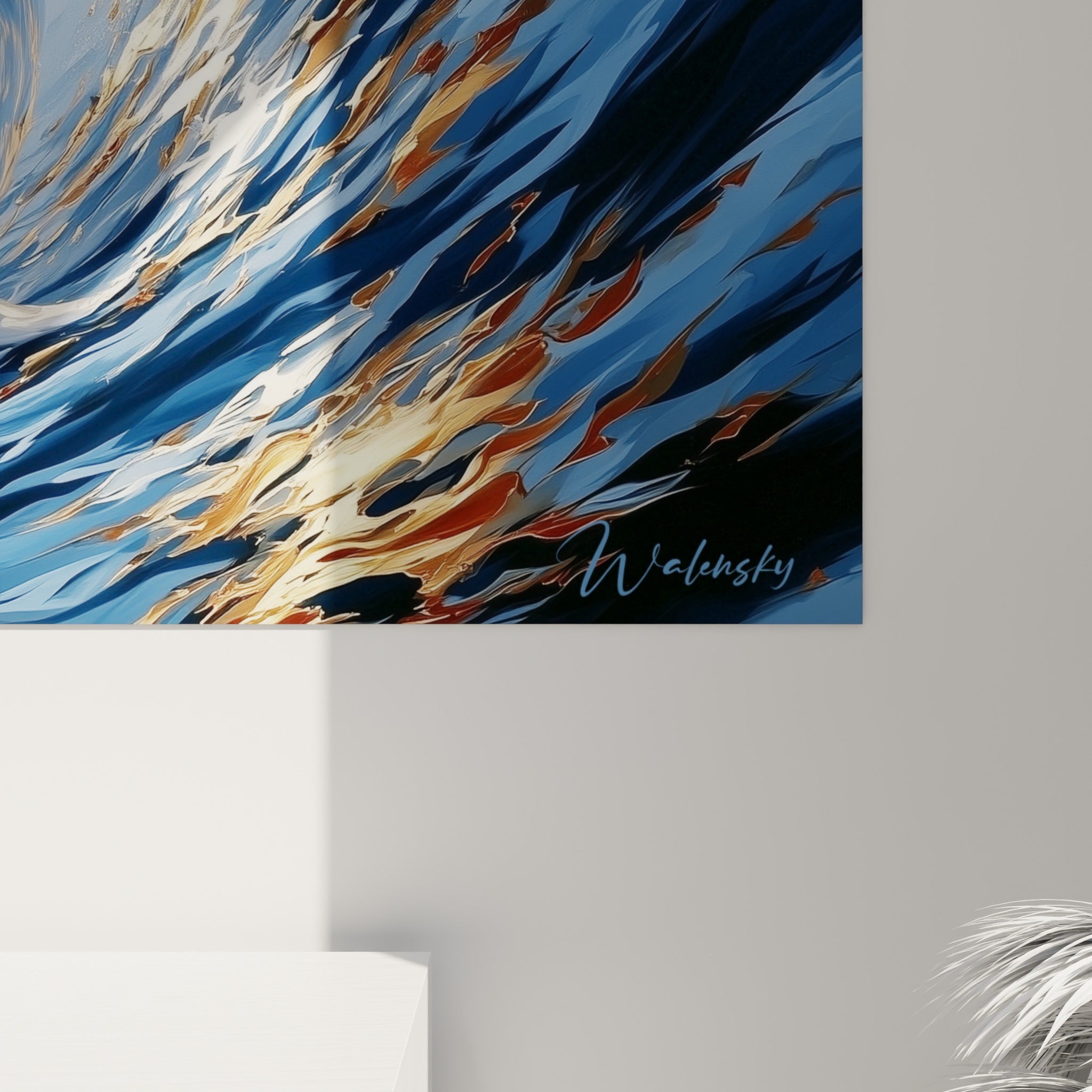 Détail du tourbillon peint en touches bleu marine et dorées autour du beluga, grain et reflets visibles de près
