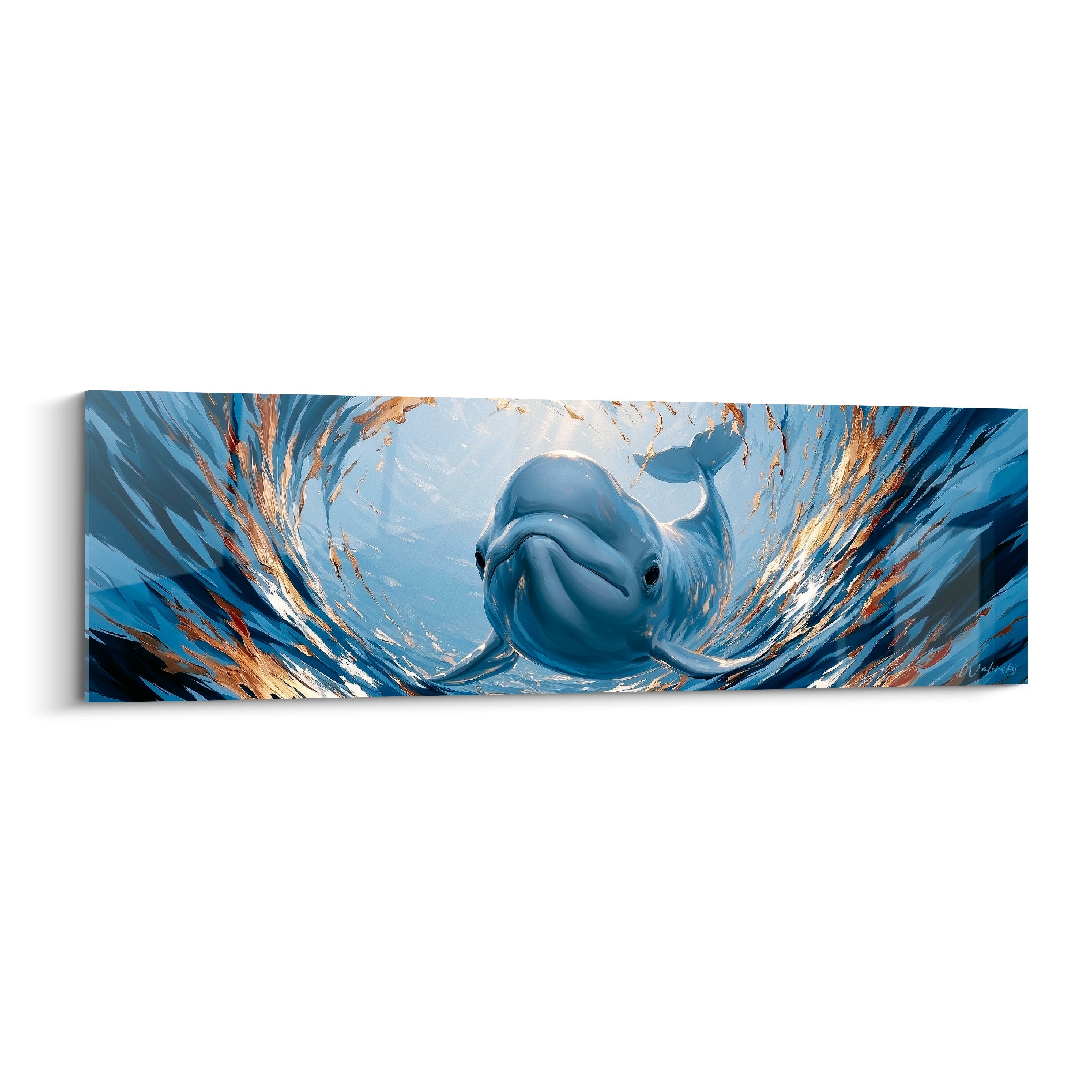 Beluga blanc et gris face au spectateur, encerclé d'un tourbillon bleu marine et doré intense