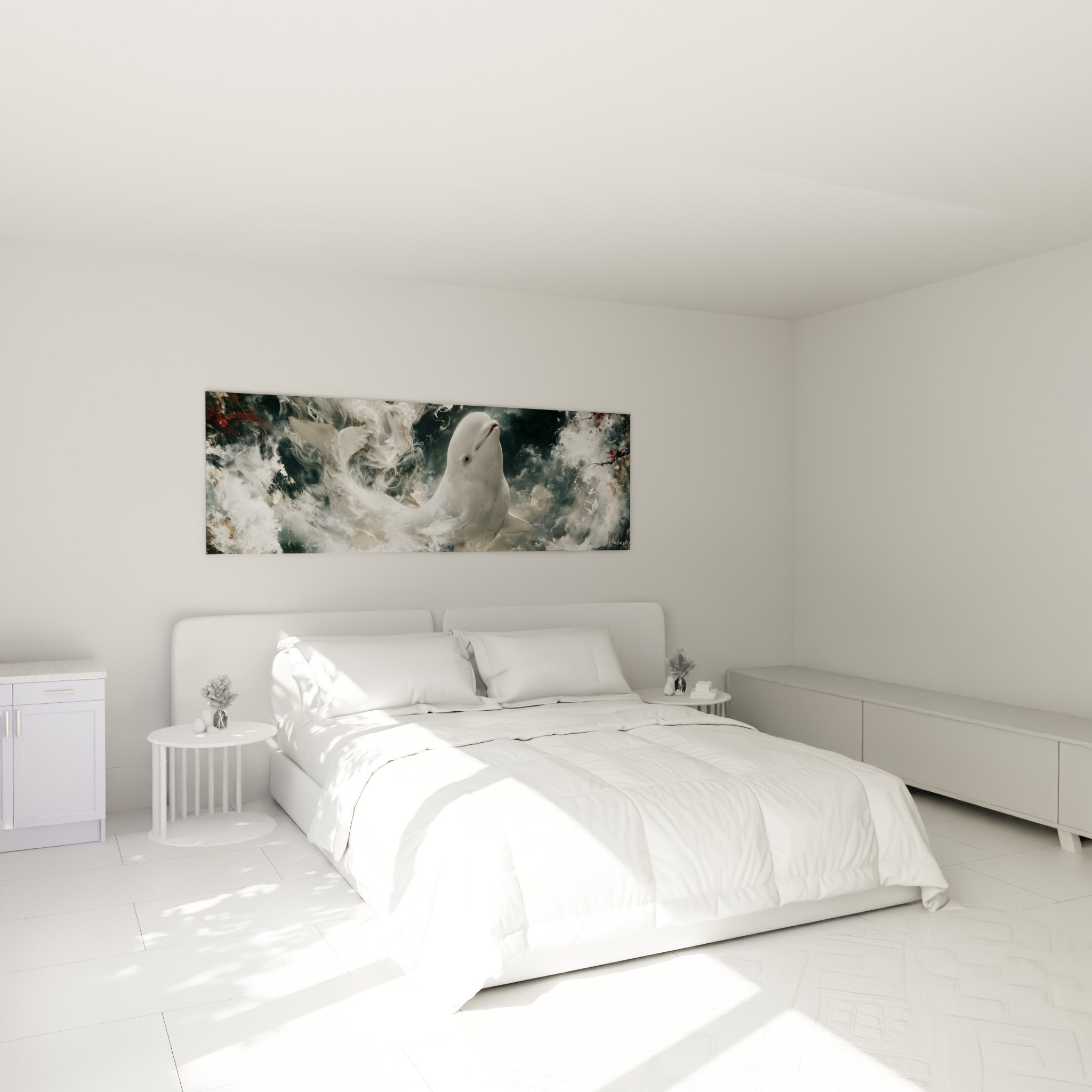 Beluga blanc et gris drapé d'écume tourbillonnante, accroché au-dessus d'un lit dans une chambre claire