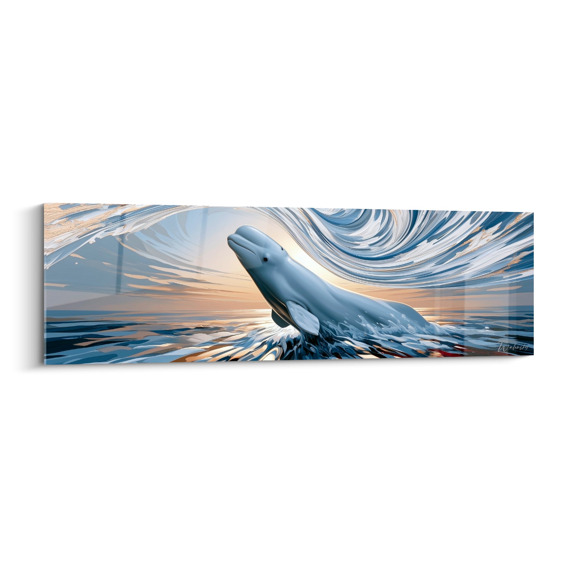 Beluga gris perle jaillit d'un tourbillon bleu ardoise et doré au coucher du soleil marin