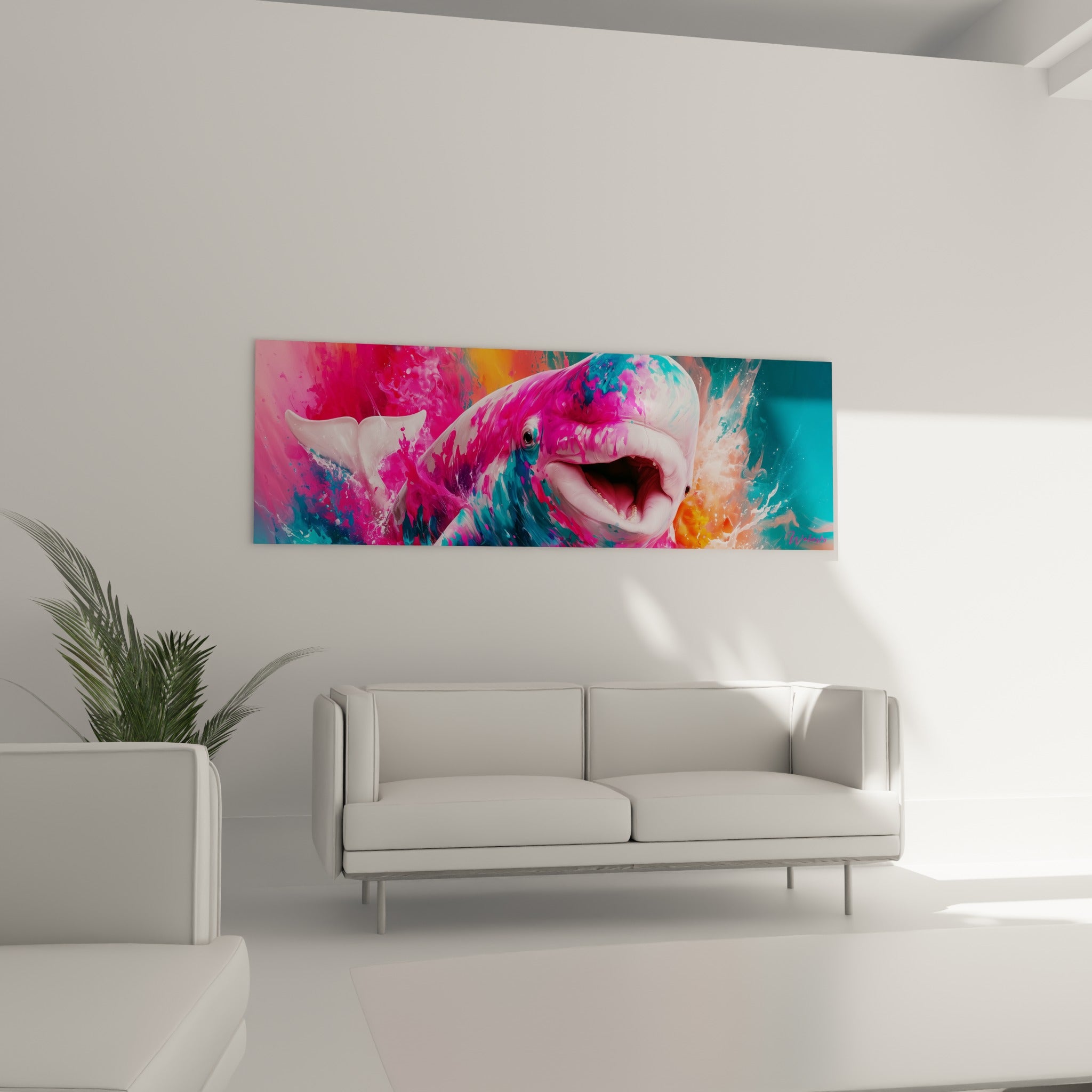 Baleine blanche peinte en fuchsia et orange vif, œuvre au-dessus d'un canapé dans un salon lumineux