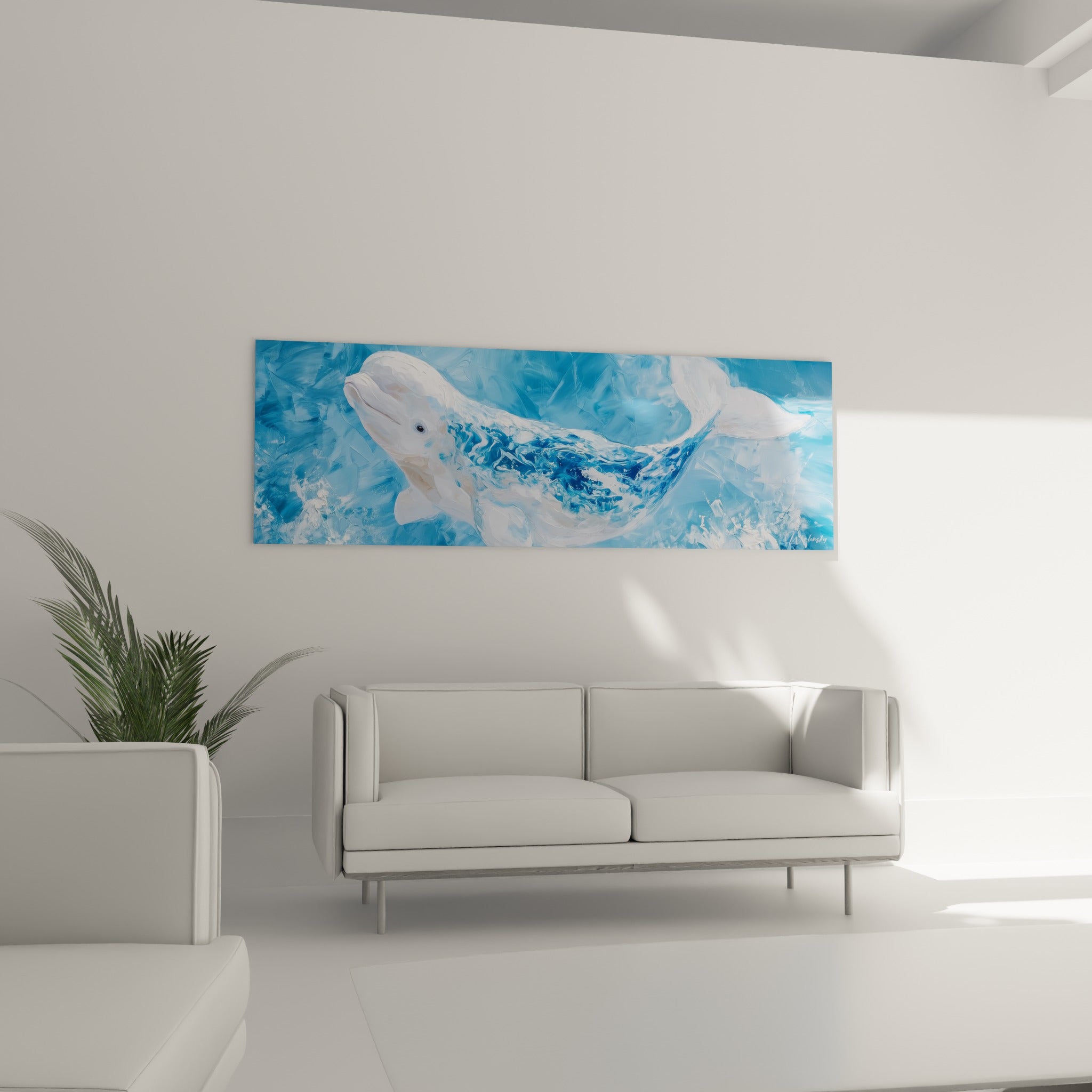 Silhouette du beluga blanc dans une eau bleu marine tourbillonnante, accrochée au-dessus d'un canapé dans un salon lumineux