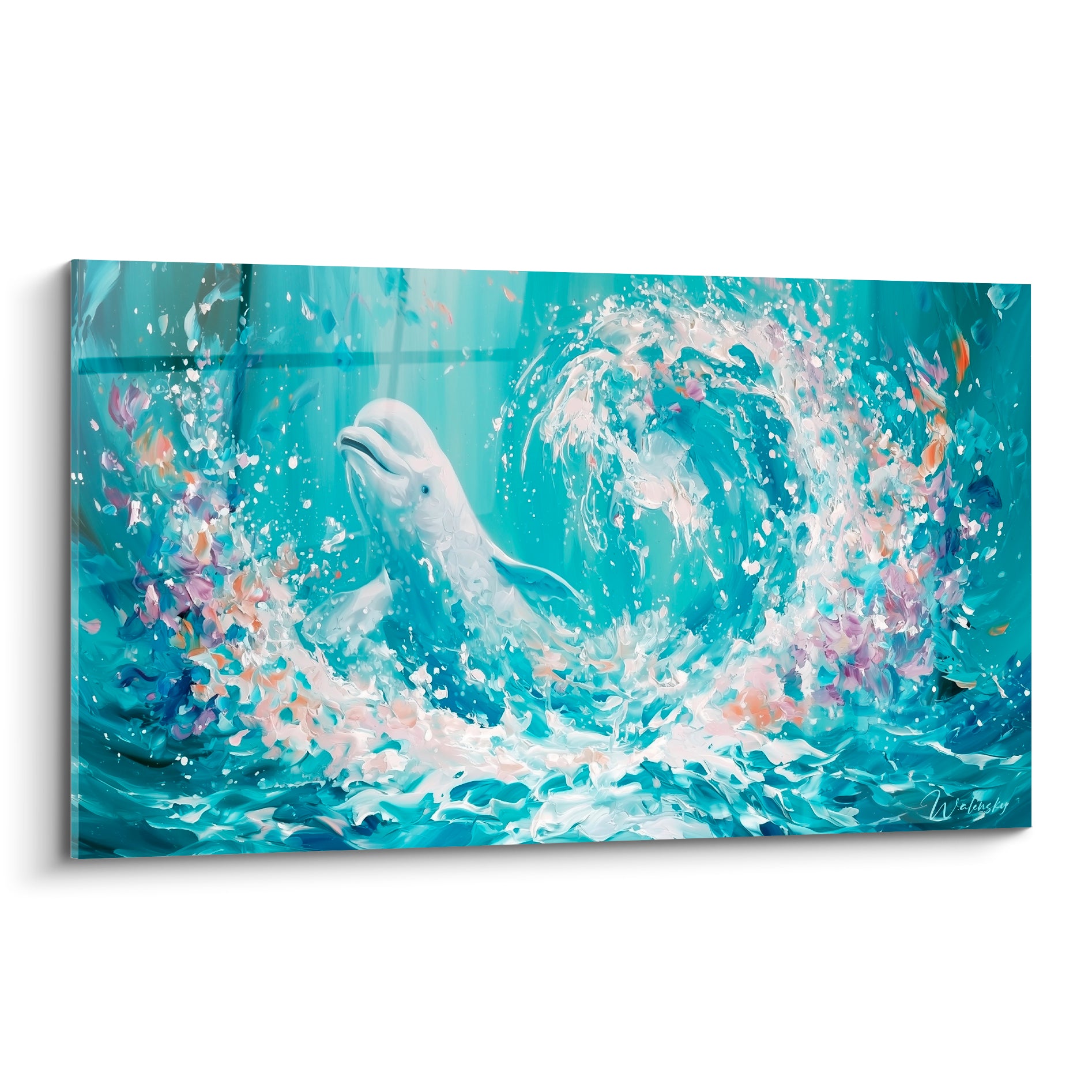Beluga blanc jaillissant d'un tourbillon turquoise et lilas, éclaboussures d'écume peintes