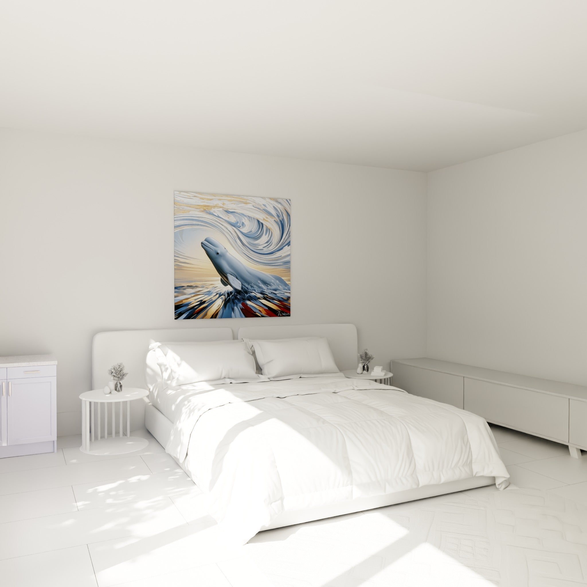 Créature marine bleutée aux reflets dorés au-dessus d'un lit dans une chambre claire