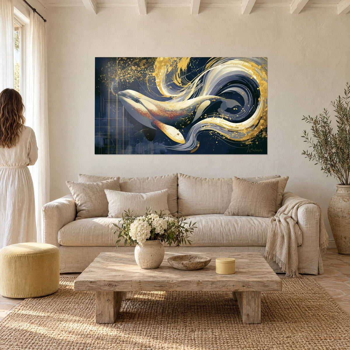 Tableau béluga crème glissant dans un tourbillon bleu marine et or, femme de dos, au-dessus d'un canapé dans un salon lumineux