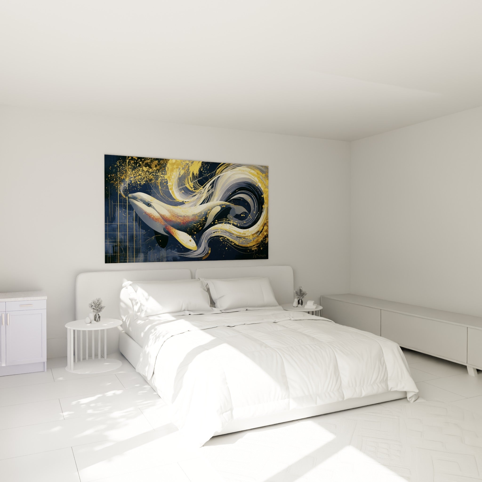Créature marine dorée et bleu marine happée par une vague, au-dessus d'un lit dans une chambre claire