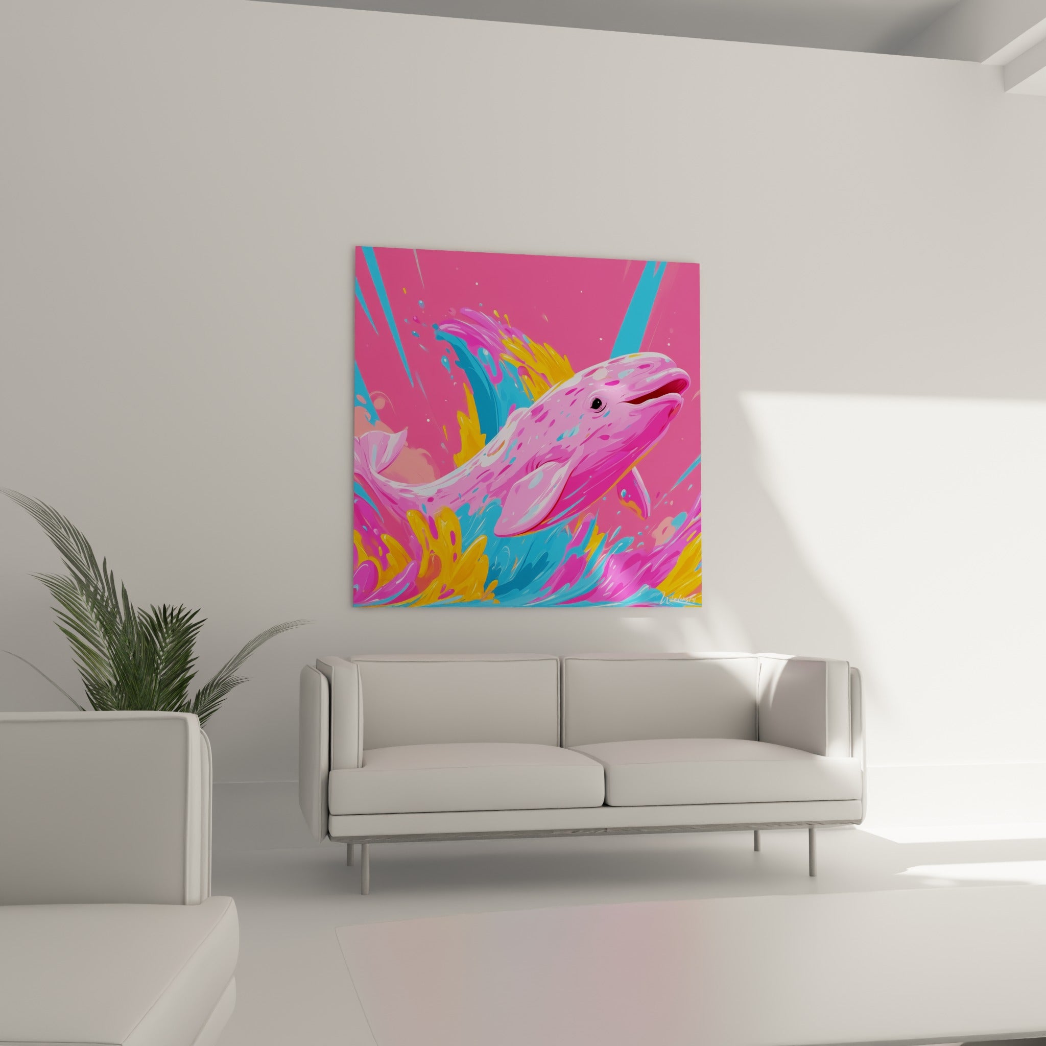 Silhouette du beluga fuchsia parmi les vagues dorées, au-dessus d'un canapé dans un salon lumineux