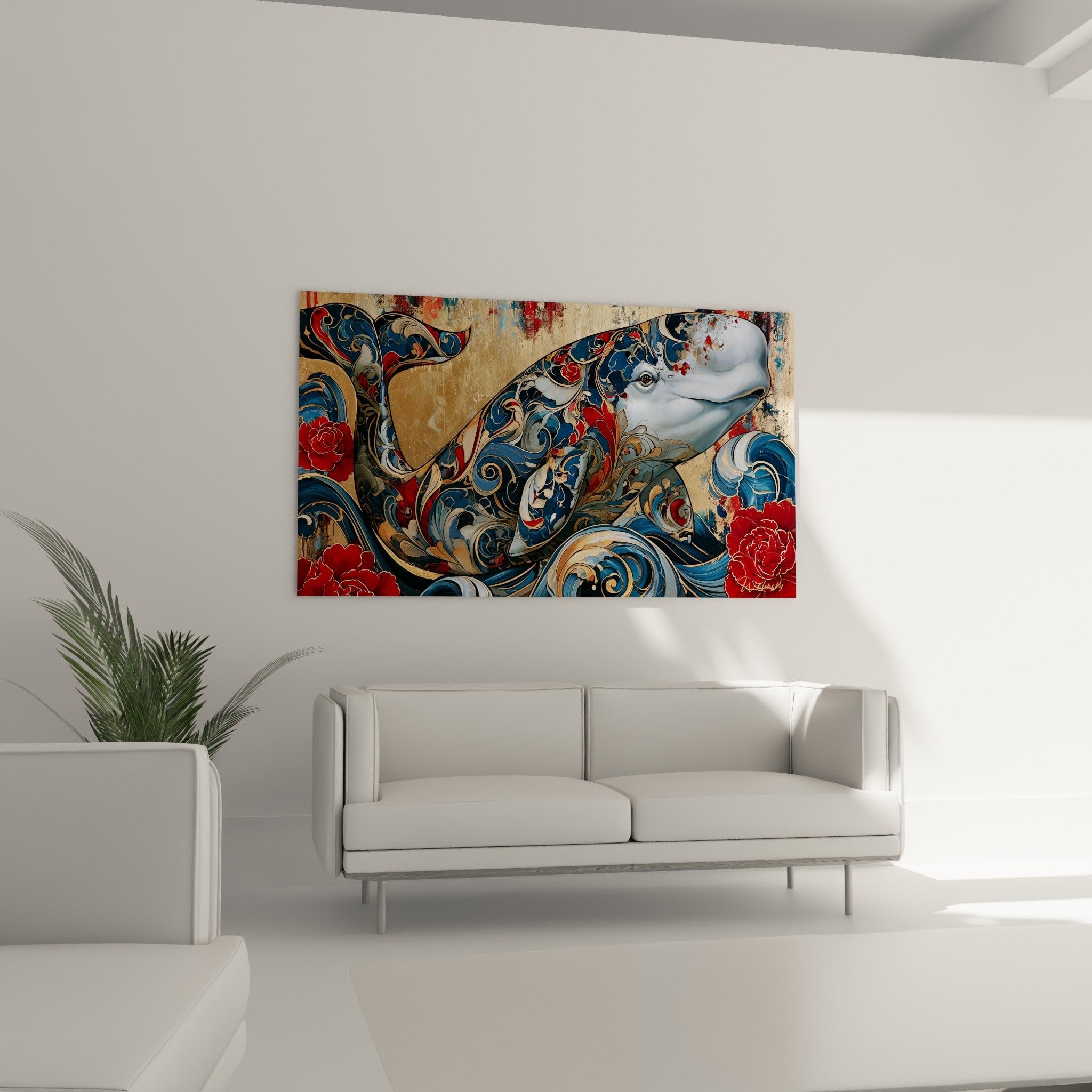 Géant marin paré de vagues dorées et de pivoines écarlates au-dessus d'un canapé dans un salon lumineux