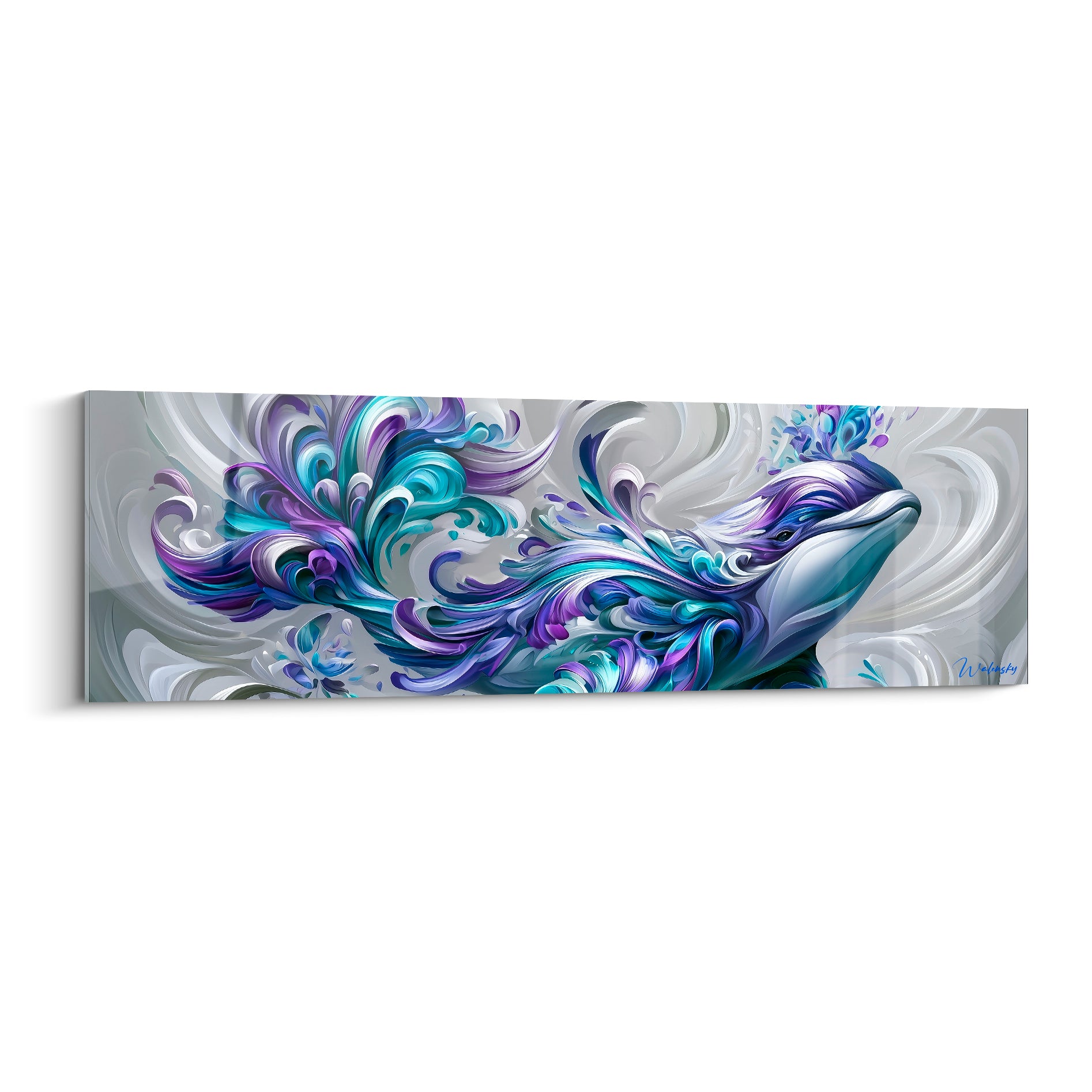 Beluga stylisé aux volutes violettes et turquoise sur fond gris argenté sculpté