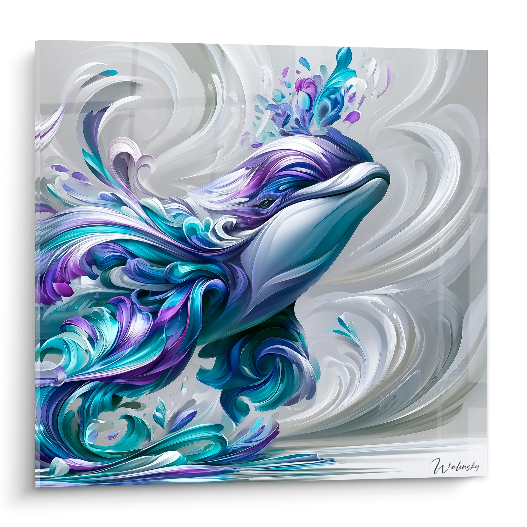 Beluga violet et turquoise aux volutes sculptées sur fond gris argenté tourbillonnant