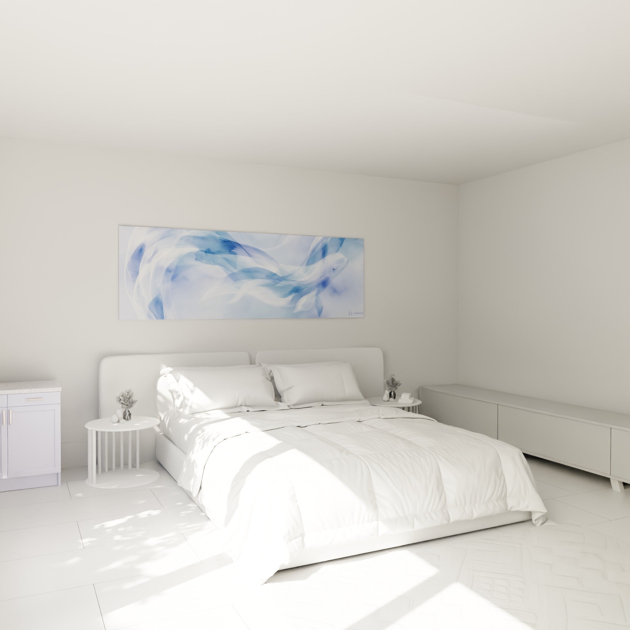 Silhouette de beluga bleu poudré et gris bleuté suspendue au-dessus d'un lit dans une chambre claire