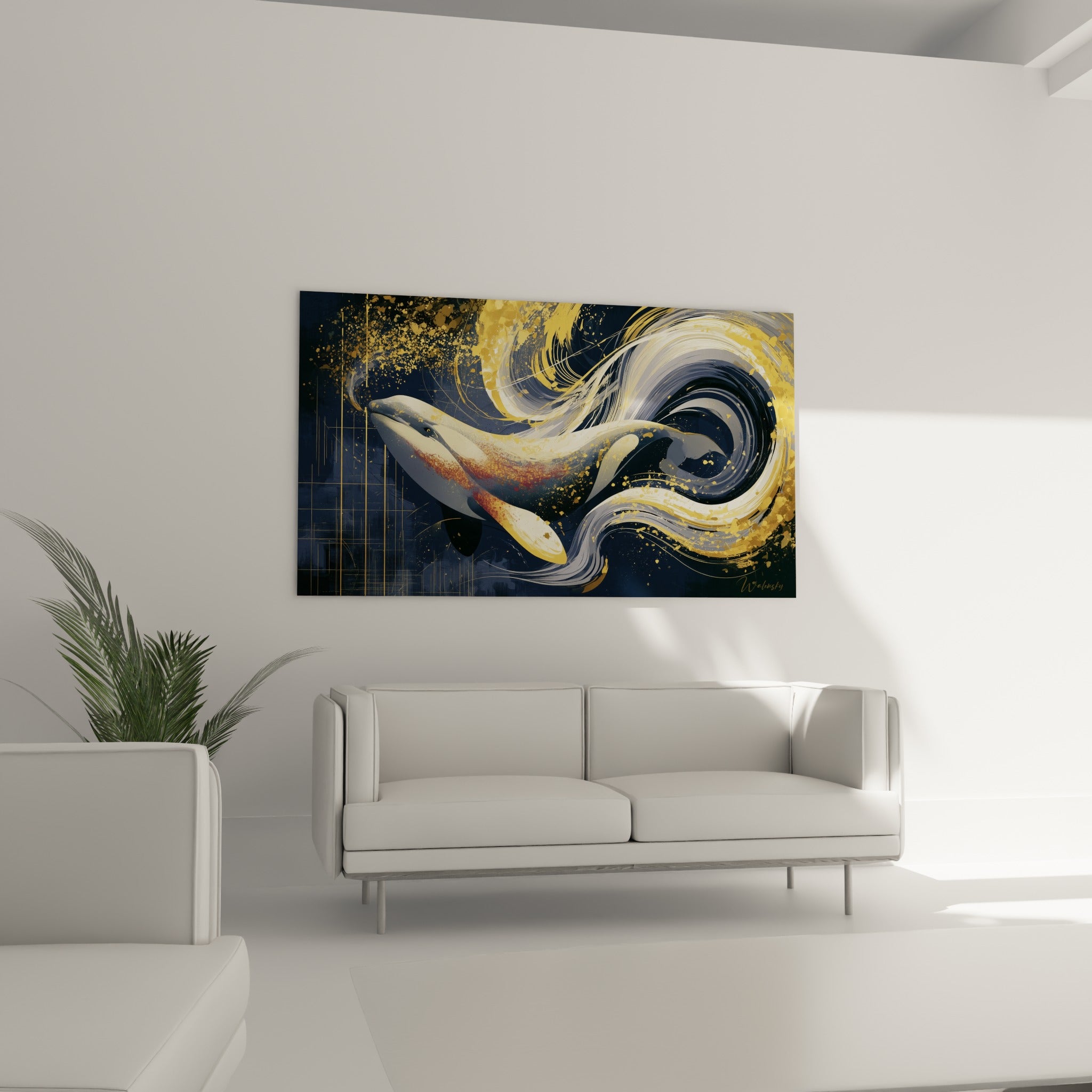 Silhouette blanche et dorée d'un beluga entourée de volutes bleu marine, au-dessus d'un canapé dans un salon lumineux