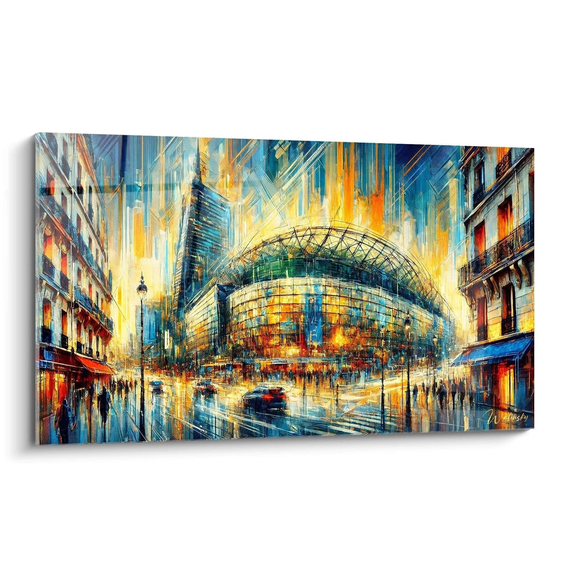 tableau Bercy vu de biais révèle des façades modernes baignées de lumière dorée, capturant la dynamique urbaine et l’équilibre architectural de ce quartier vibrant de Paris.