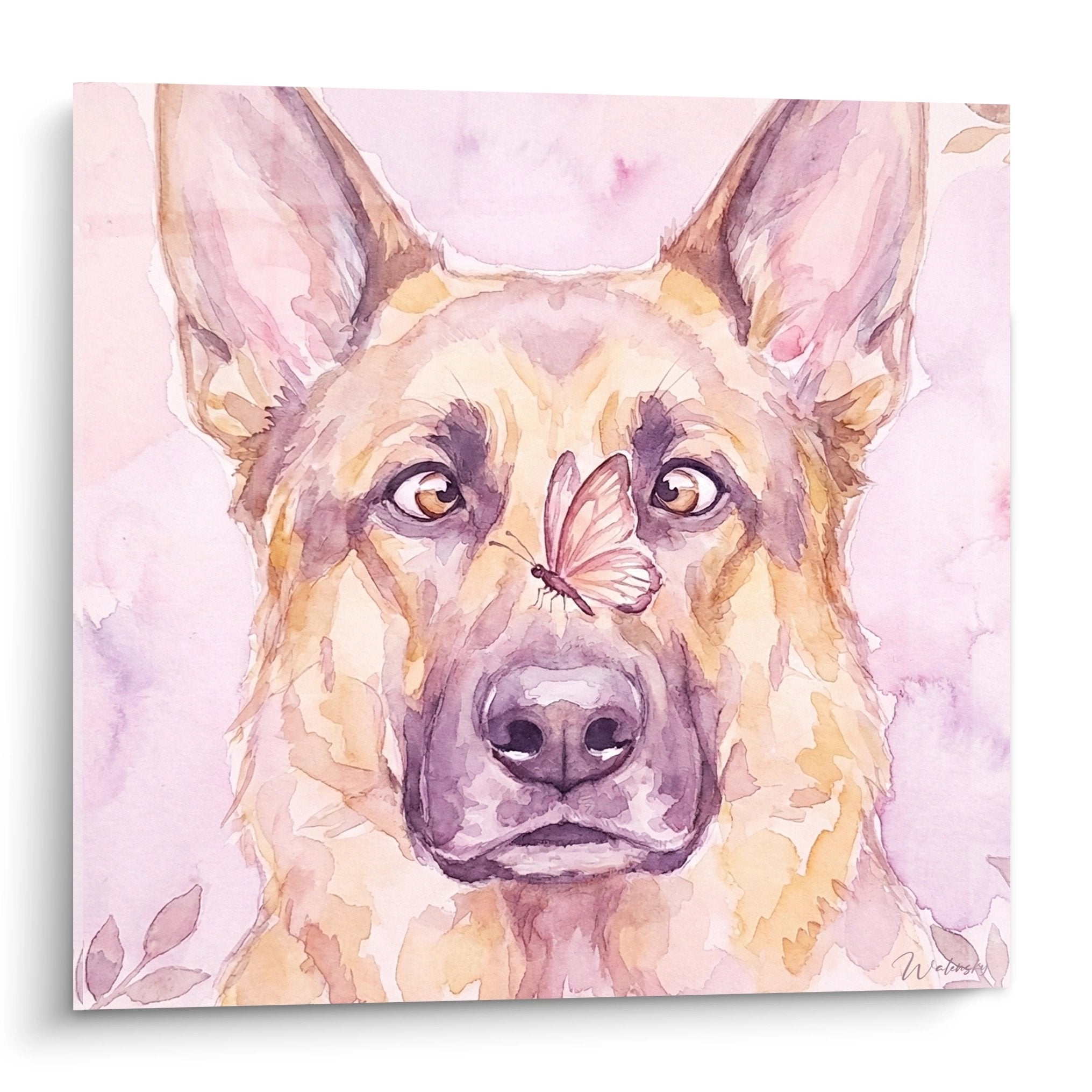 quadro pastore tedesco acquerello rosa con farfalla sul muso tonalità pastello decorazione murale cane ritratto