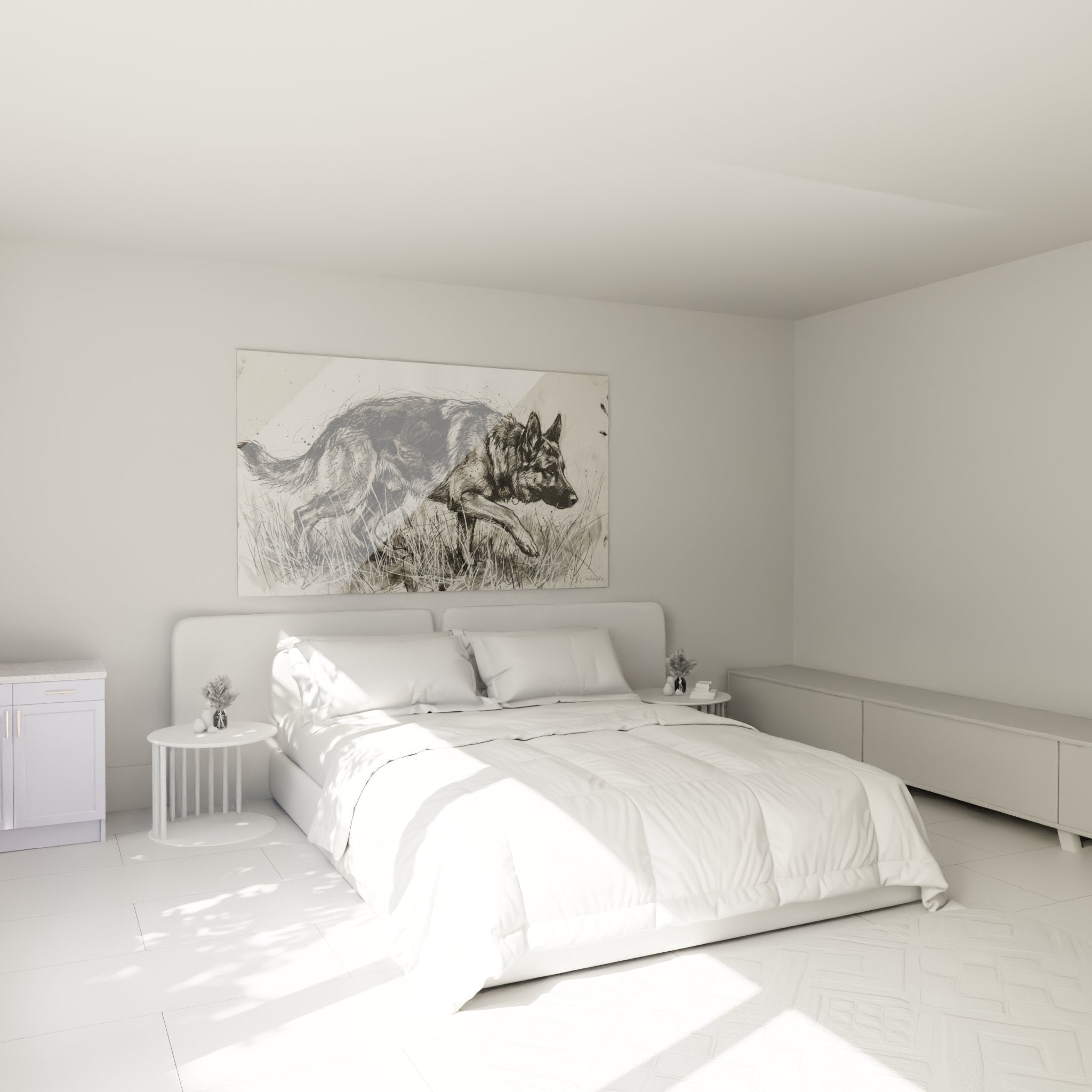 quadro pastore tedesco monocromatico in camera contemporanea decorazione murale artistica