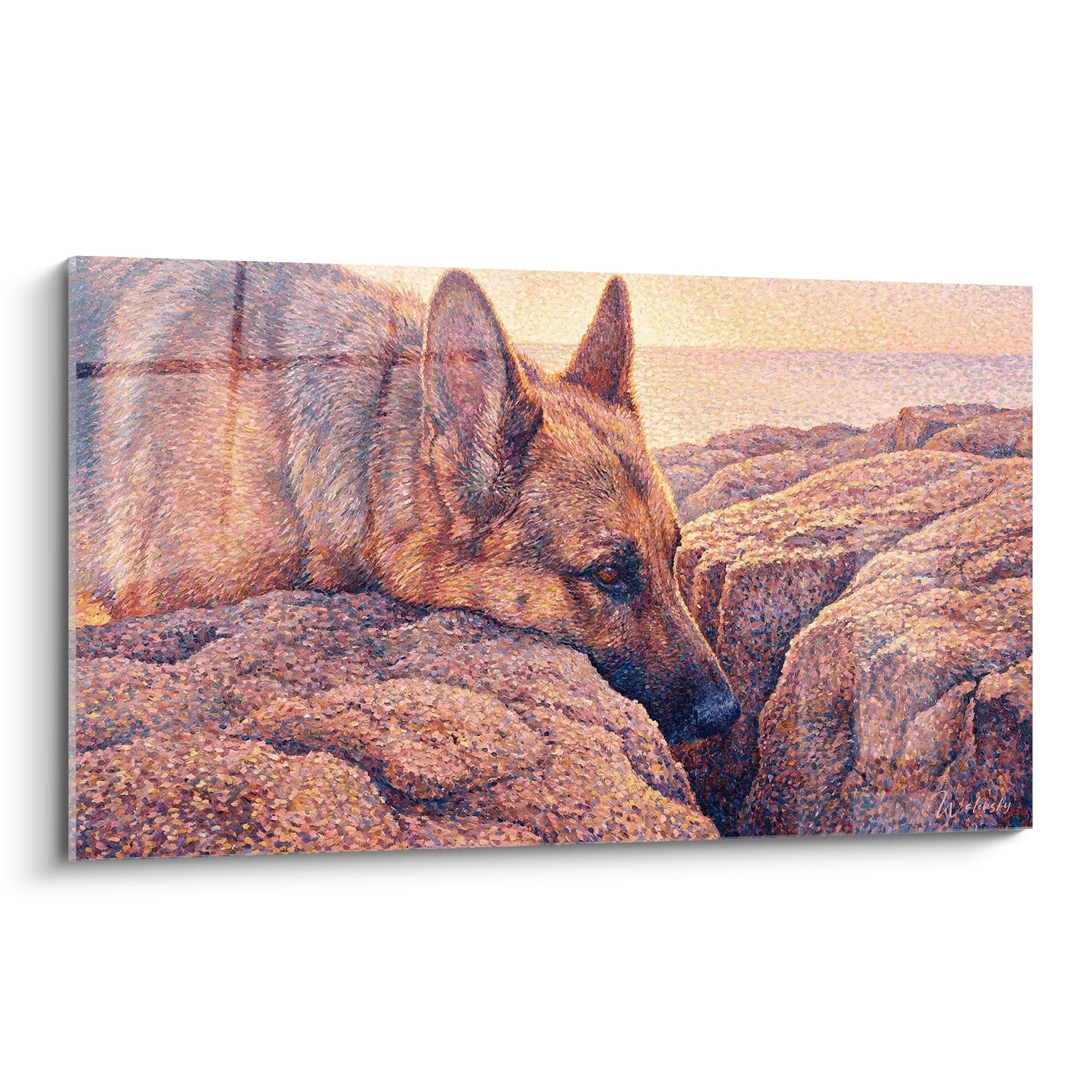 quadro pastore tedesco toni rame strato rocce dorate paesaggio naturale arte canina pointillismo caldo