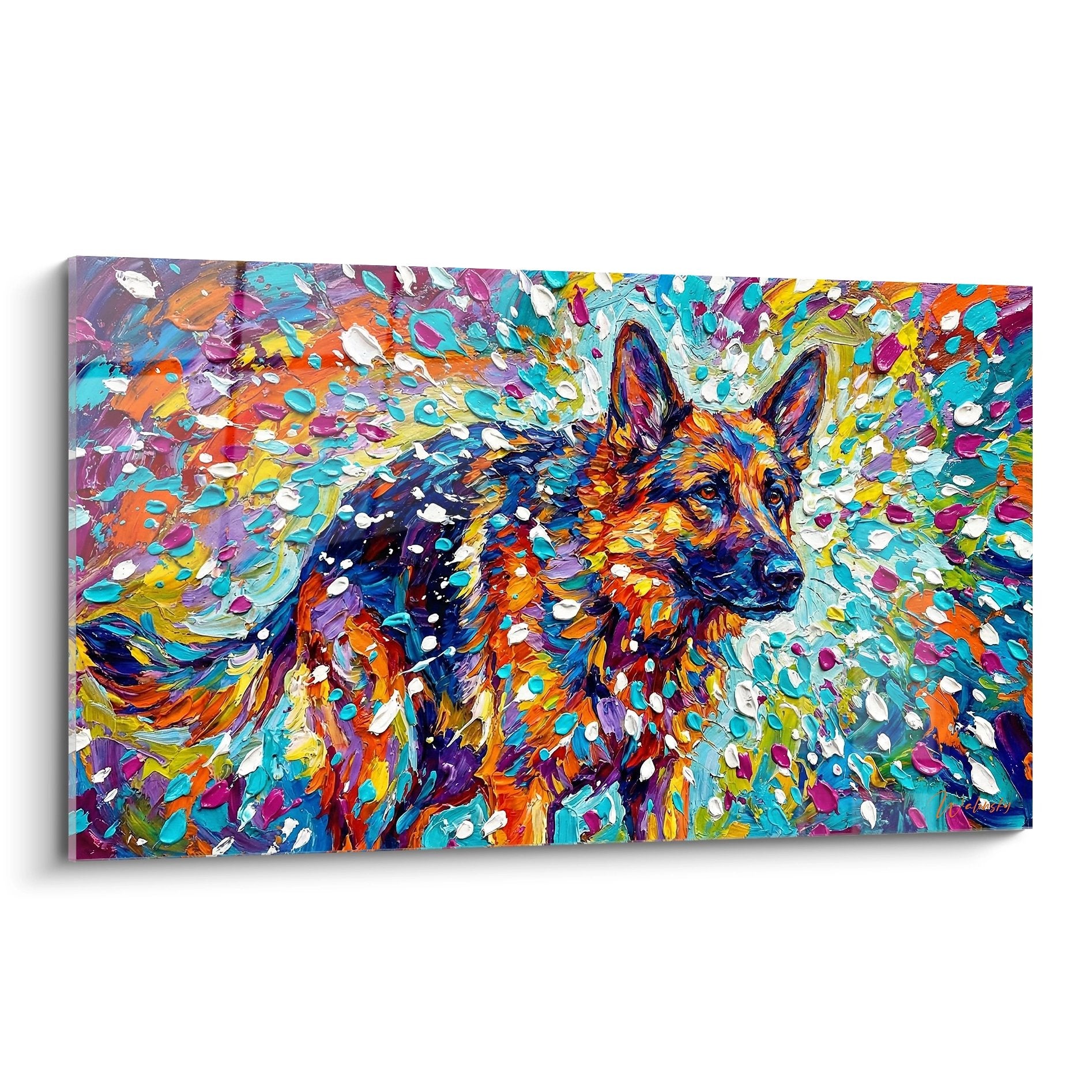 Deutscher Schäferhund Gemälde mehrfarbige Spritzer zeitgenössische Wandkunst dekorativ orange türkis violett