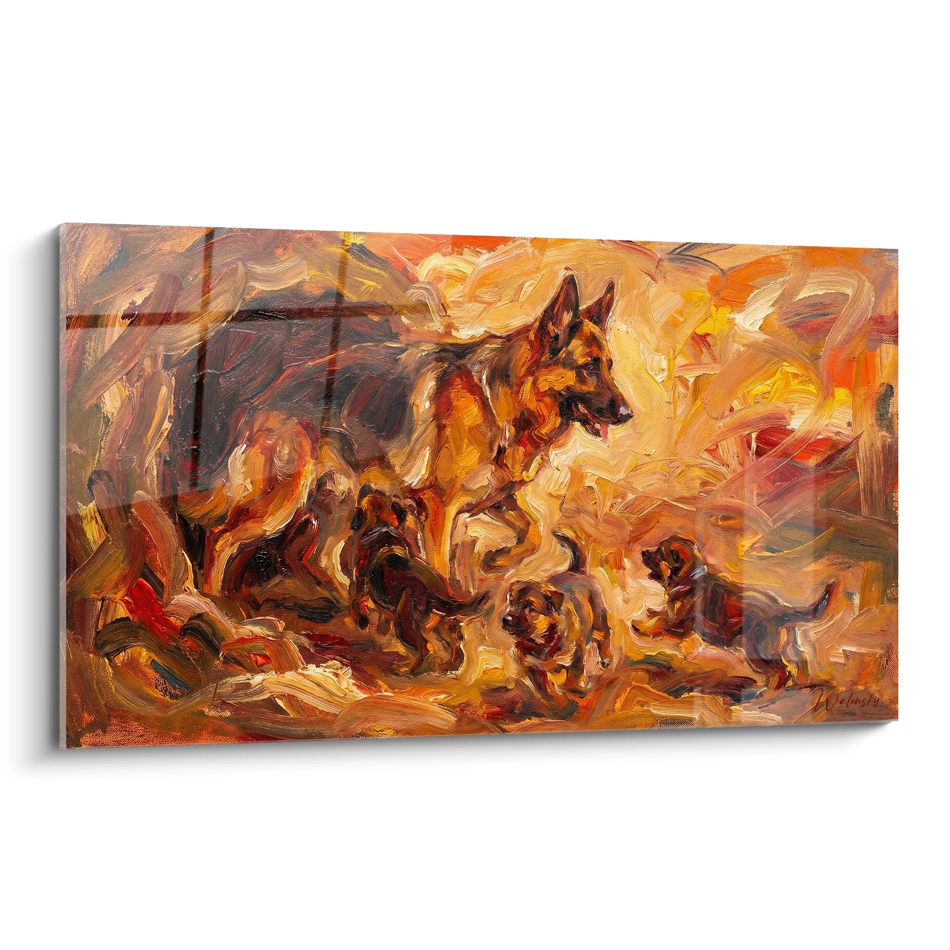 Expressionistisches Deutscher Schäferhund Gemälde in goldenen orangefarbenen Tönen, künstlerisches Hundemalerei treu