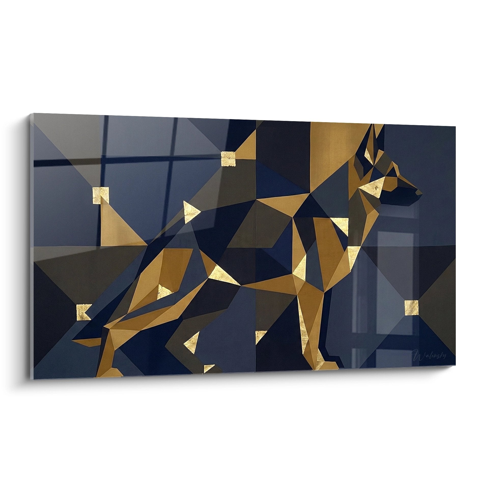 Quadro pastore tedesco geometrico dorato e blu stile poligonale arte moderna contemporanea