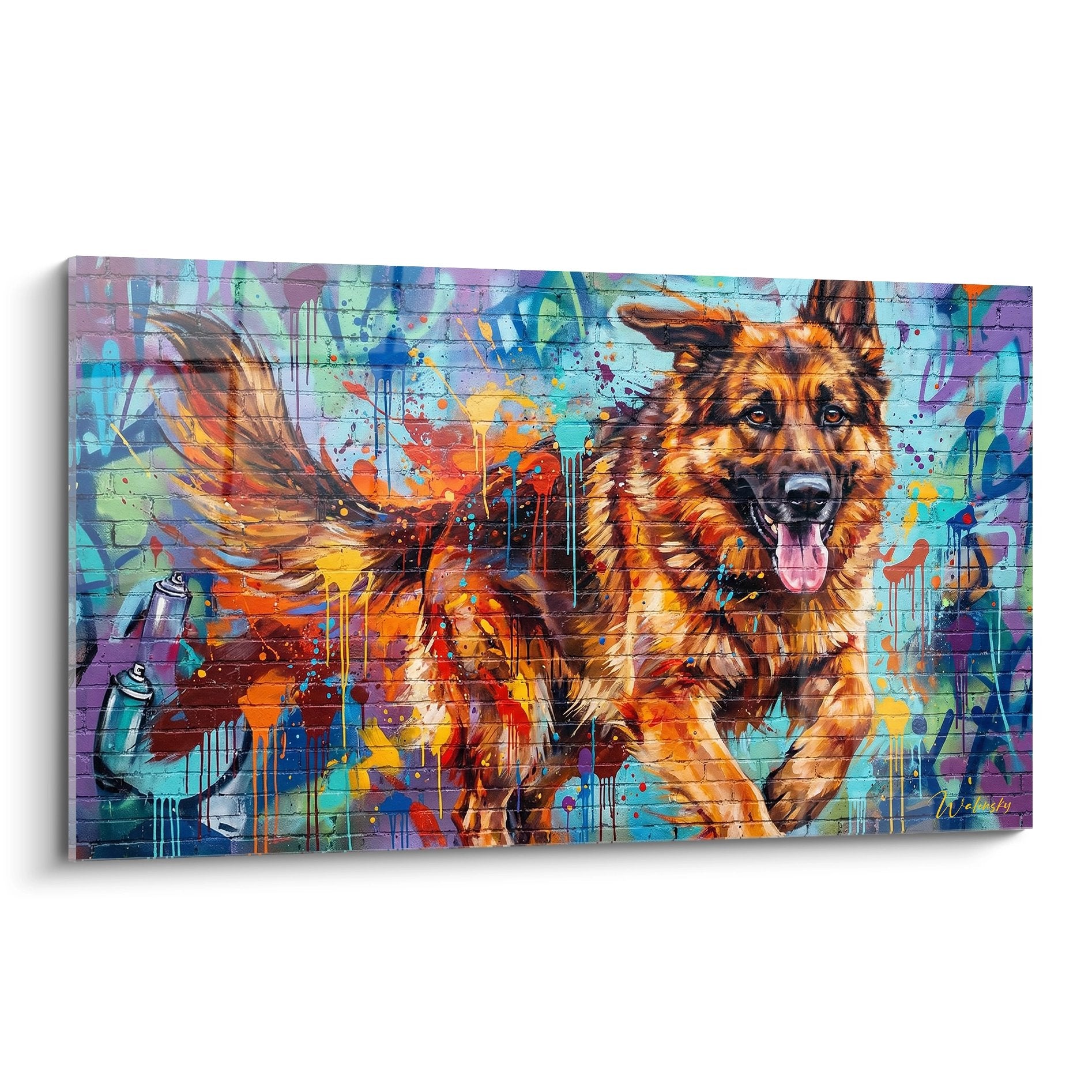 Deutscher Schäferhund in Bewegung auf multicolorem Graffiti-Hintergrund urbaner Street-Art-Stil