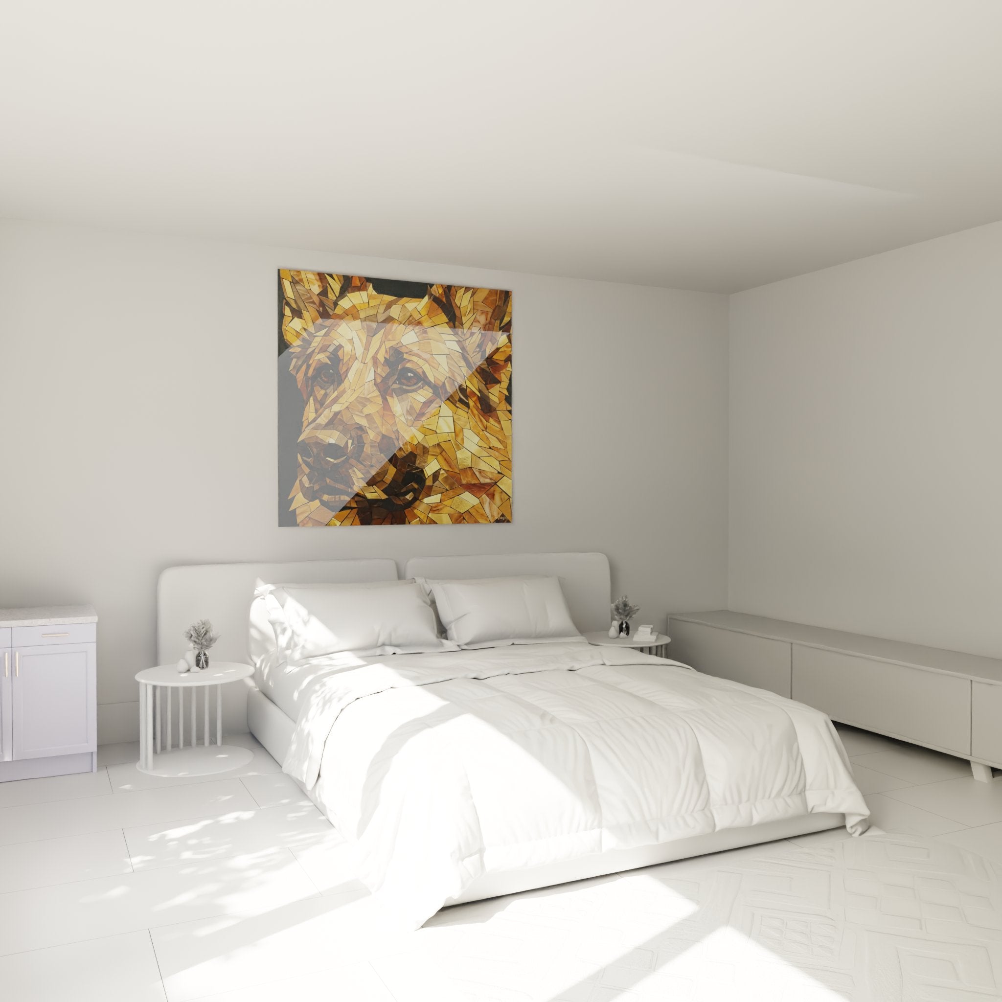 Tableau berger allemand mosaique doree dans chambre decoration murale art contemporain tesselles dorees