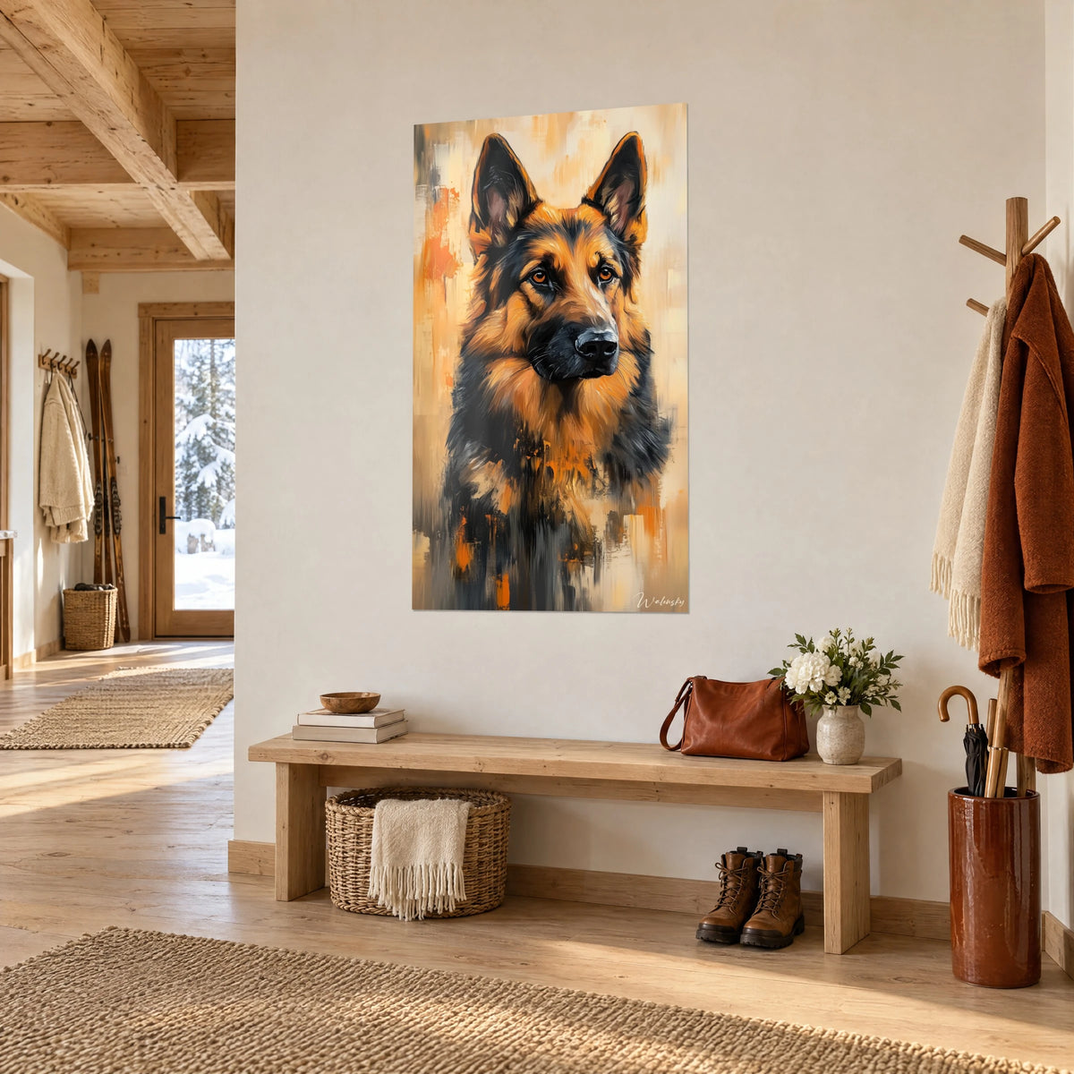 Wall art German Shepherd with erect ears, beige and orange background, hung in the entrance of a wooden chalet