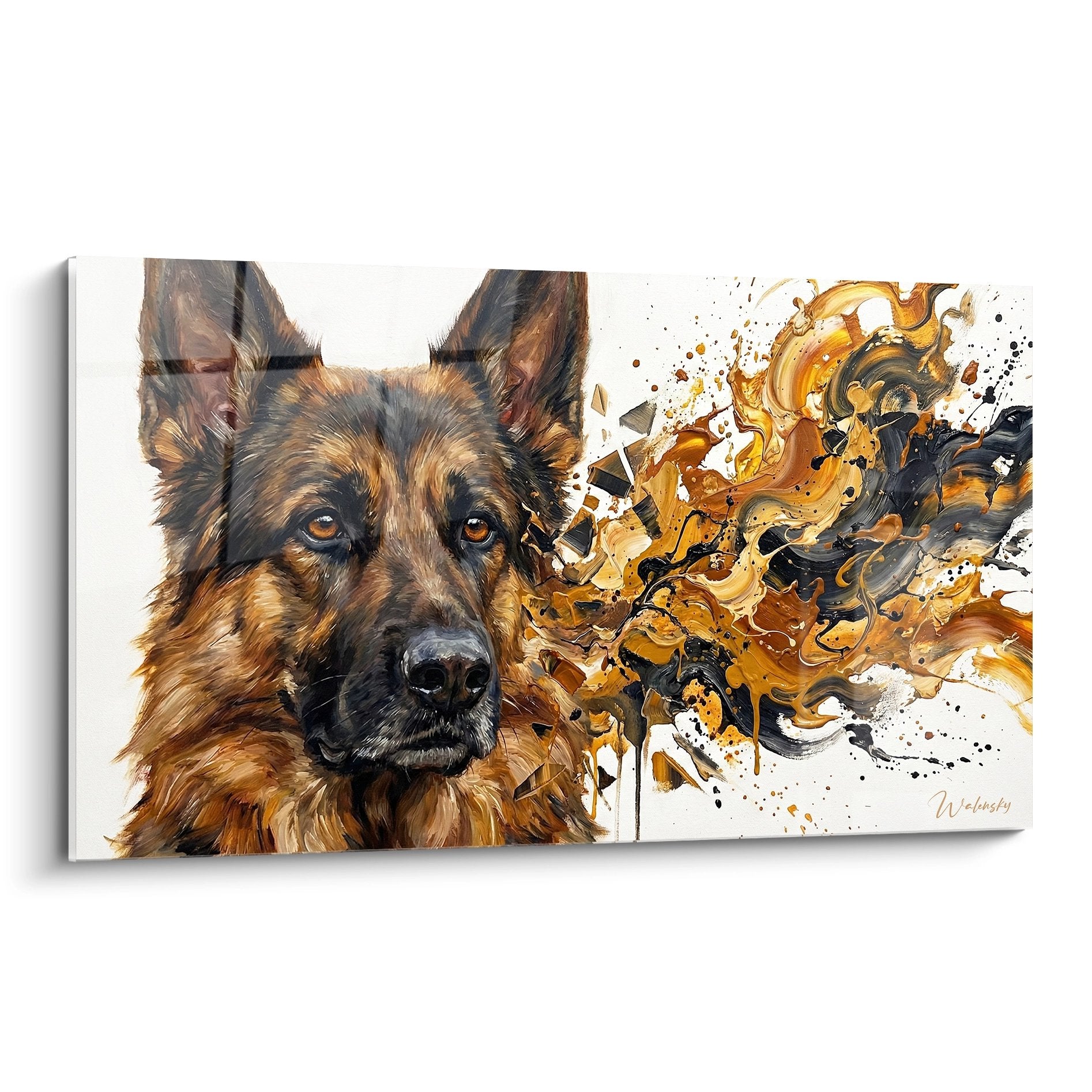 Deutscher Schäferhund Porträt realistisch mit Farbexplosion in Ocker und Gold auf weißem Hintergrund