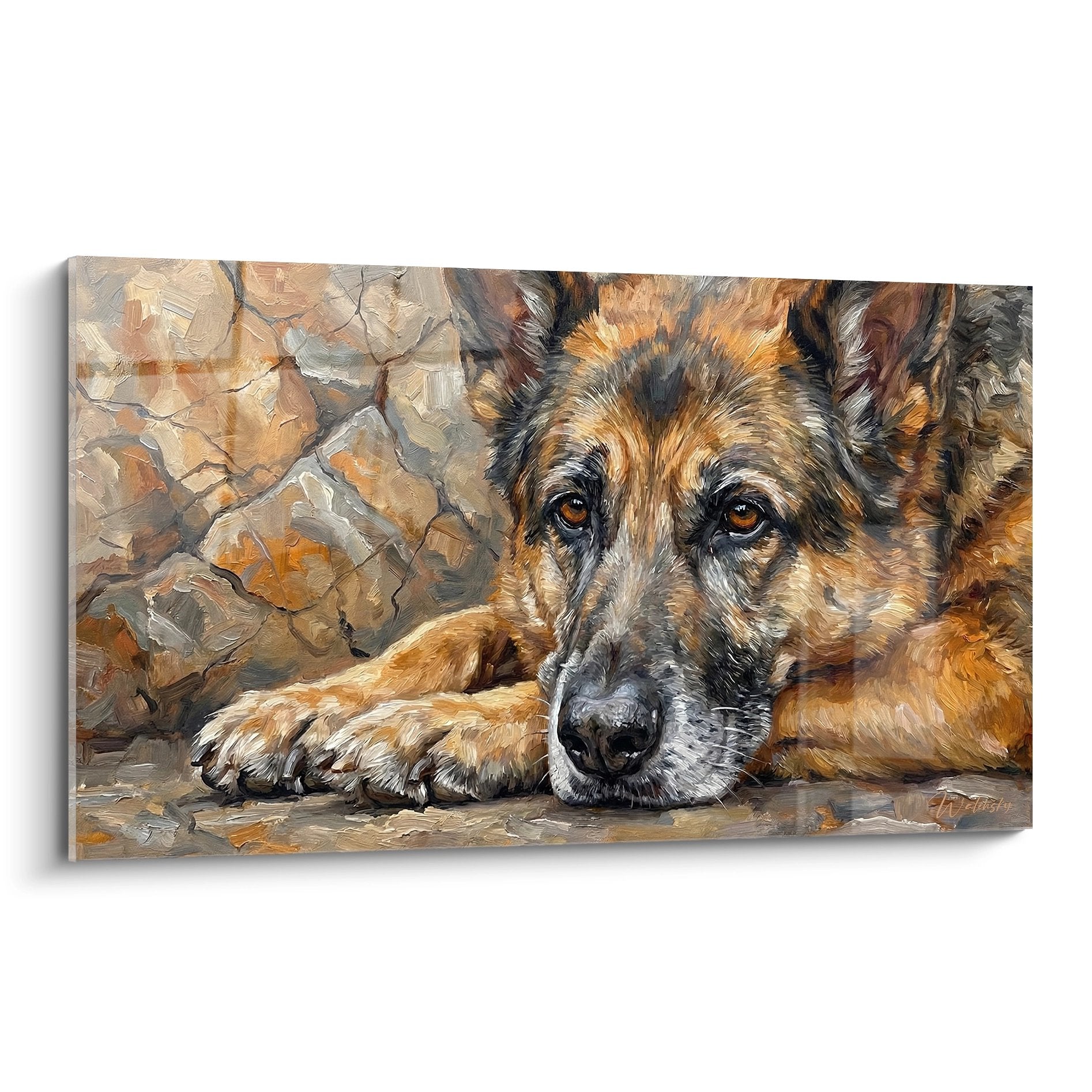 Tableau berger allemand couché sur rochers ocre, regard contemplatif, peinture réaliste tons chauds