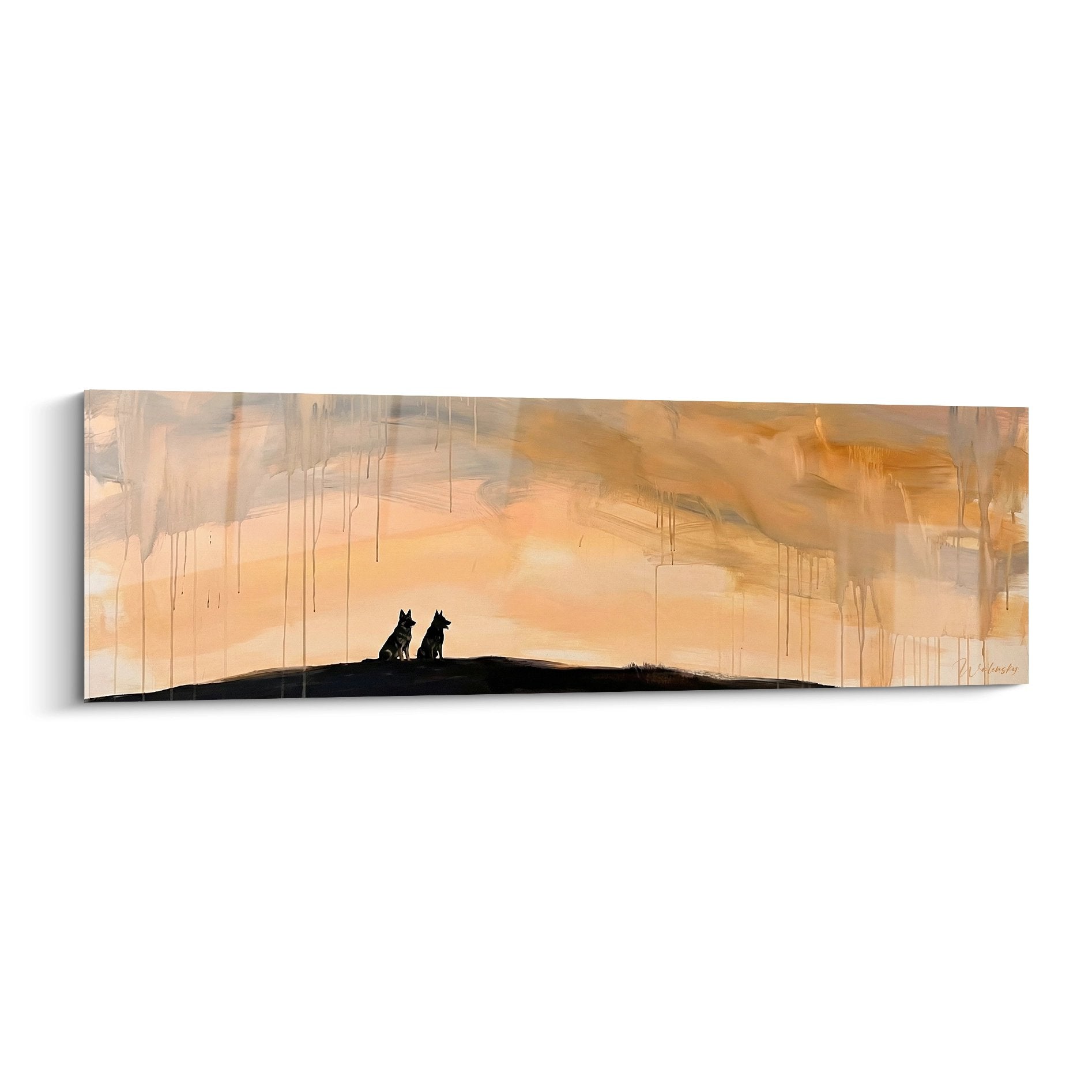 Deutscher Schäferhund Silhouetten schwarze Sonnenuntergang orange Farbverlauf Panoramaformat Wanddekoration