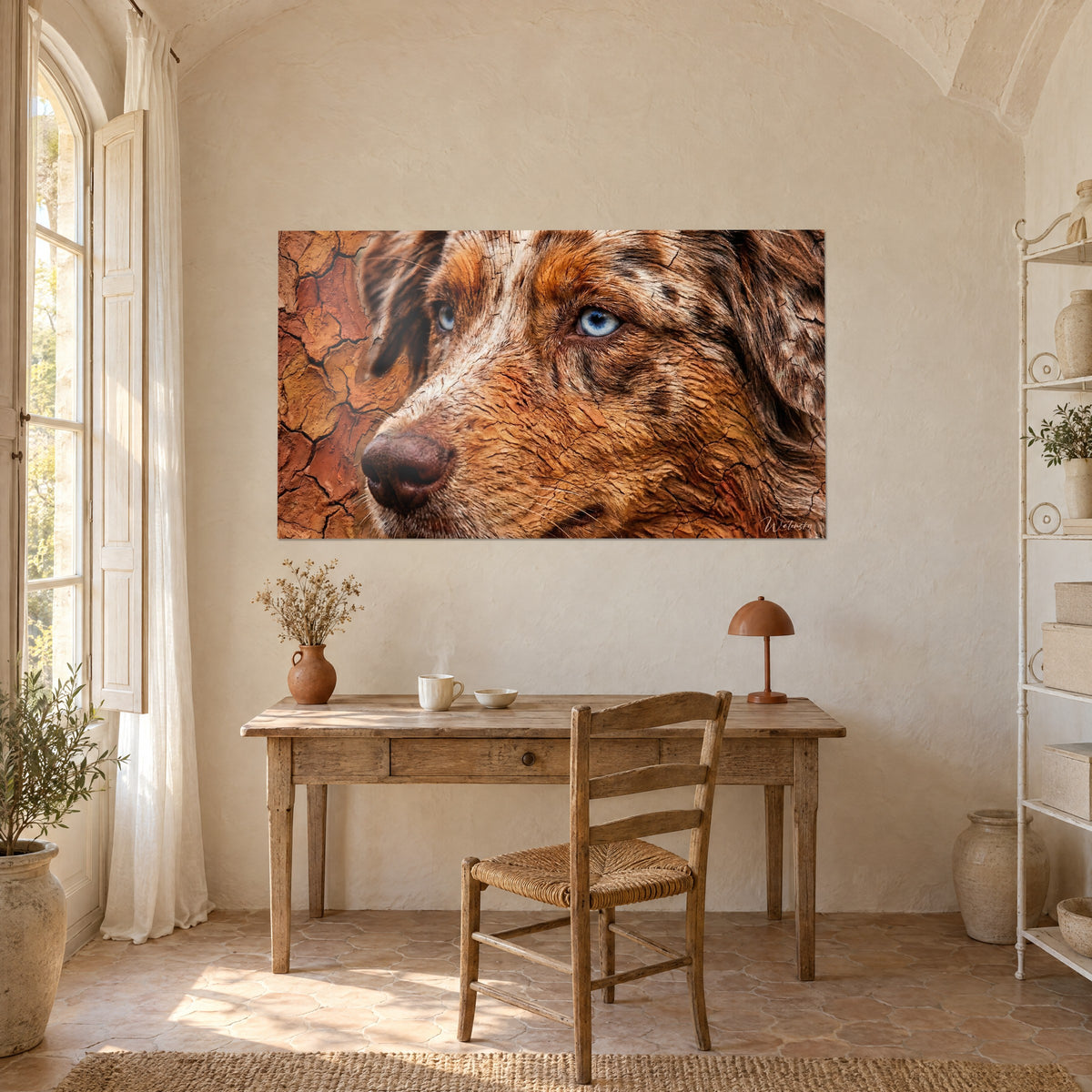 Tableau regard intense d'un berger roux et blanc sur écorce craquelée orange, accroché au-dessus d'un bureau en bois de mas provençal