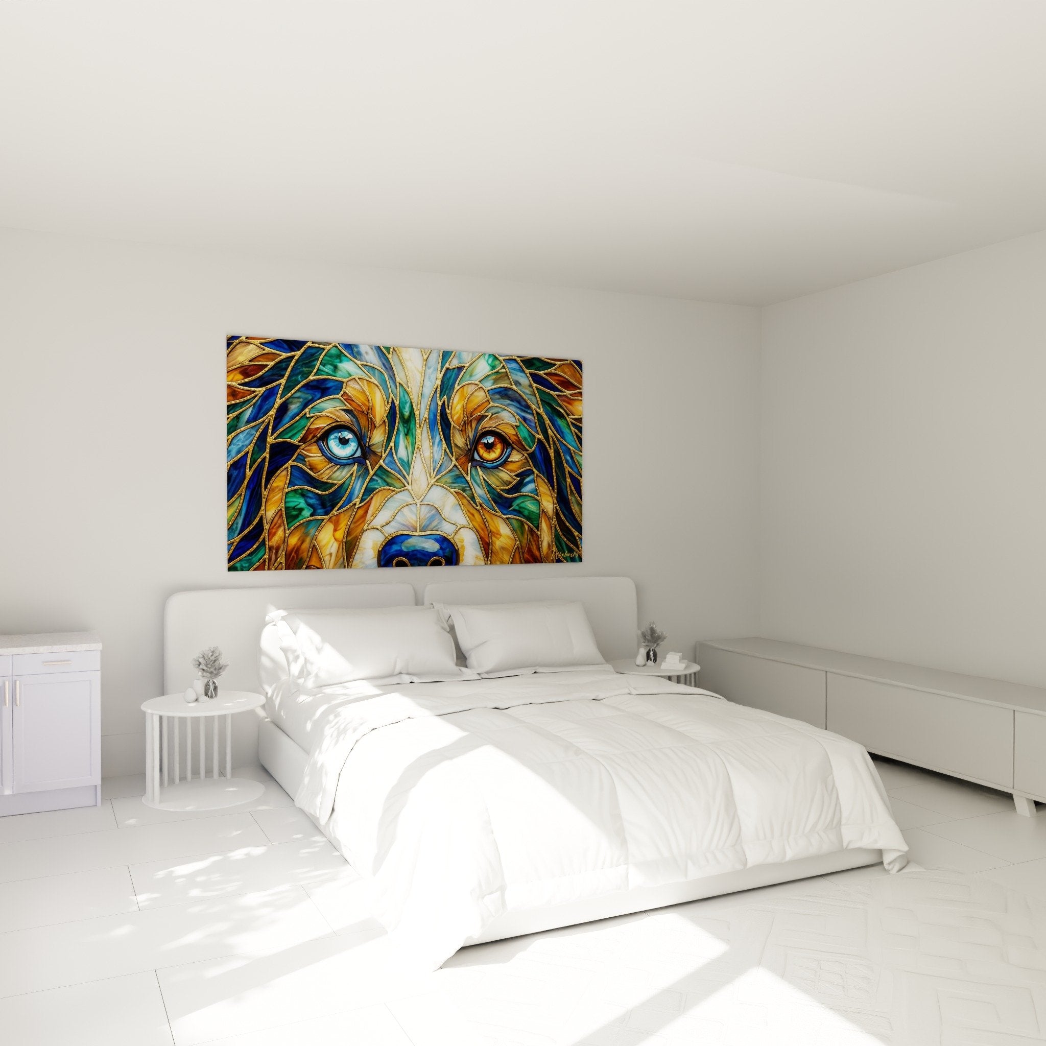 Tableau chien berger américain vitrail coloré décorant chambre mur blanc ambiance chaleureuse