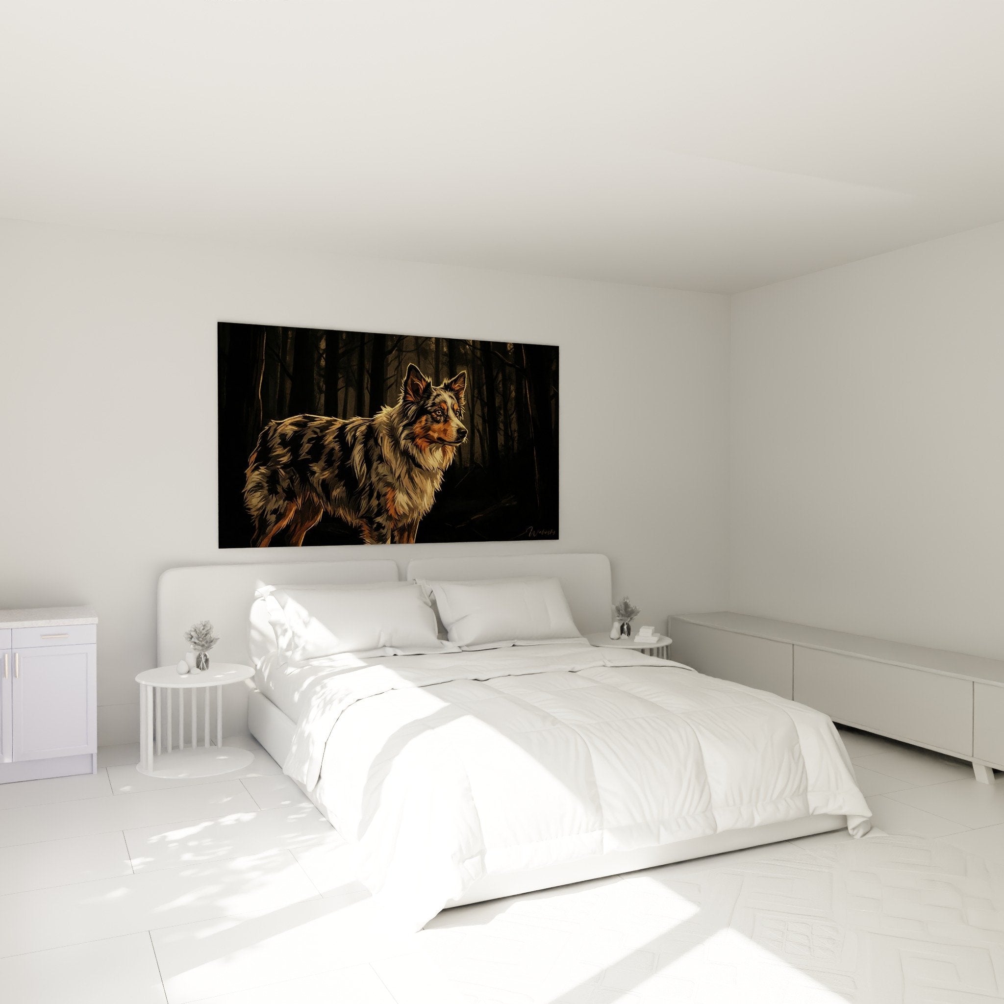 Tableau portrait chien berger américain miniature décorant chambre moderne tons chauds