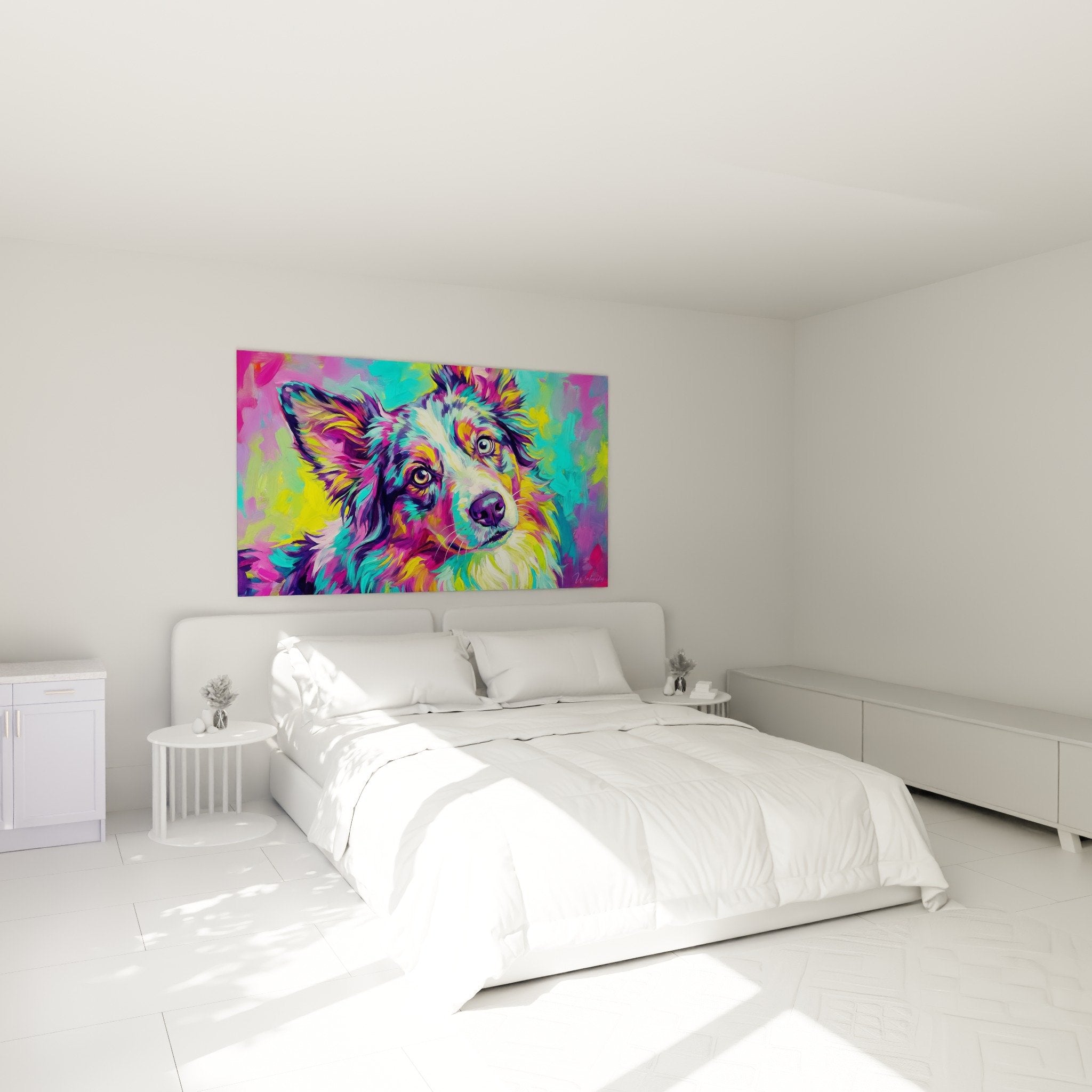 Multicolored dog wall art Miniature American Shepherd decorating modern bedroom