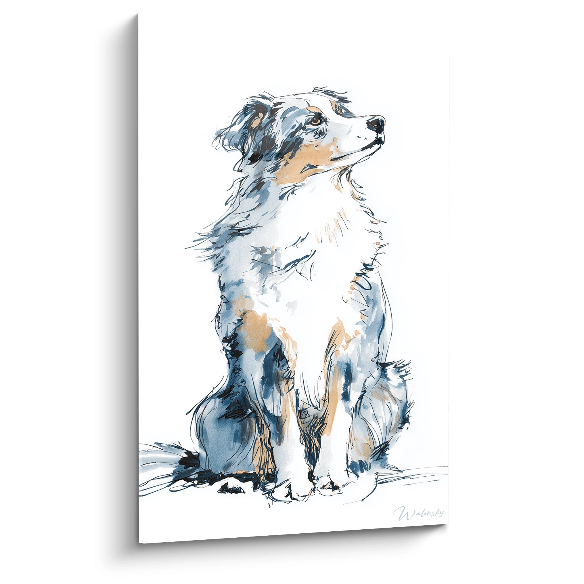 Aquarellgemälde Australian Shepherd Portrait Hund sitzt in Blau- Grau- und Weißtönen