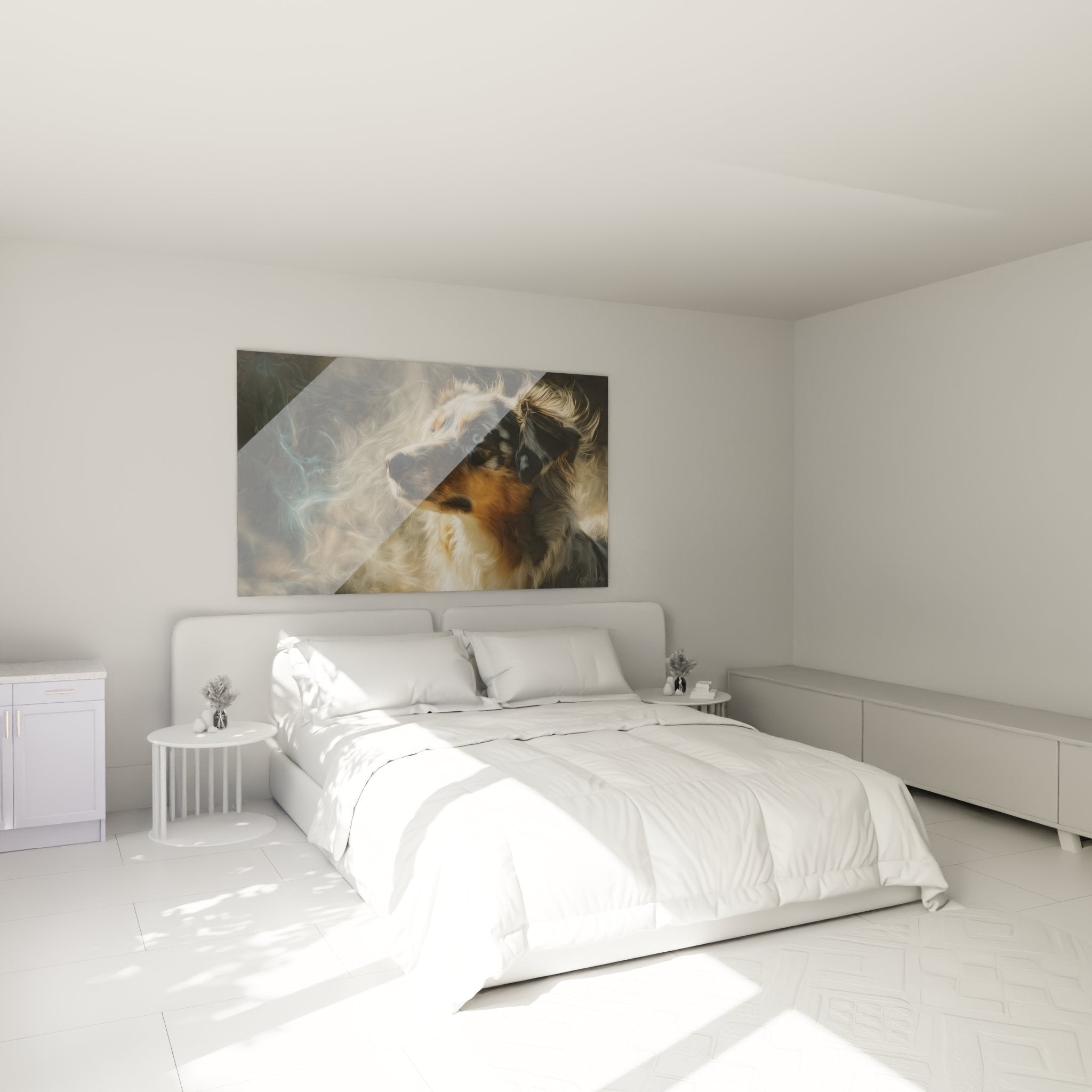 Blue-eyed Australian Shepherd painting in modern bedroom, artistic wall decor with ethereal effects