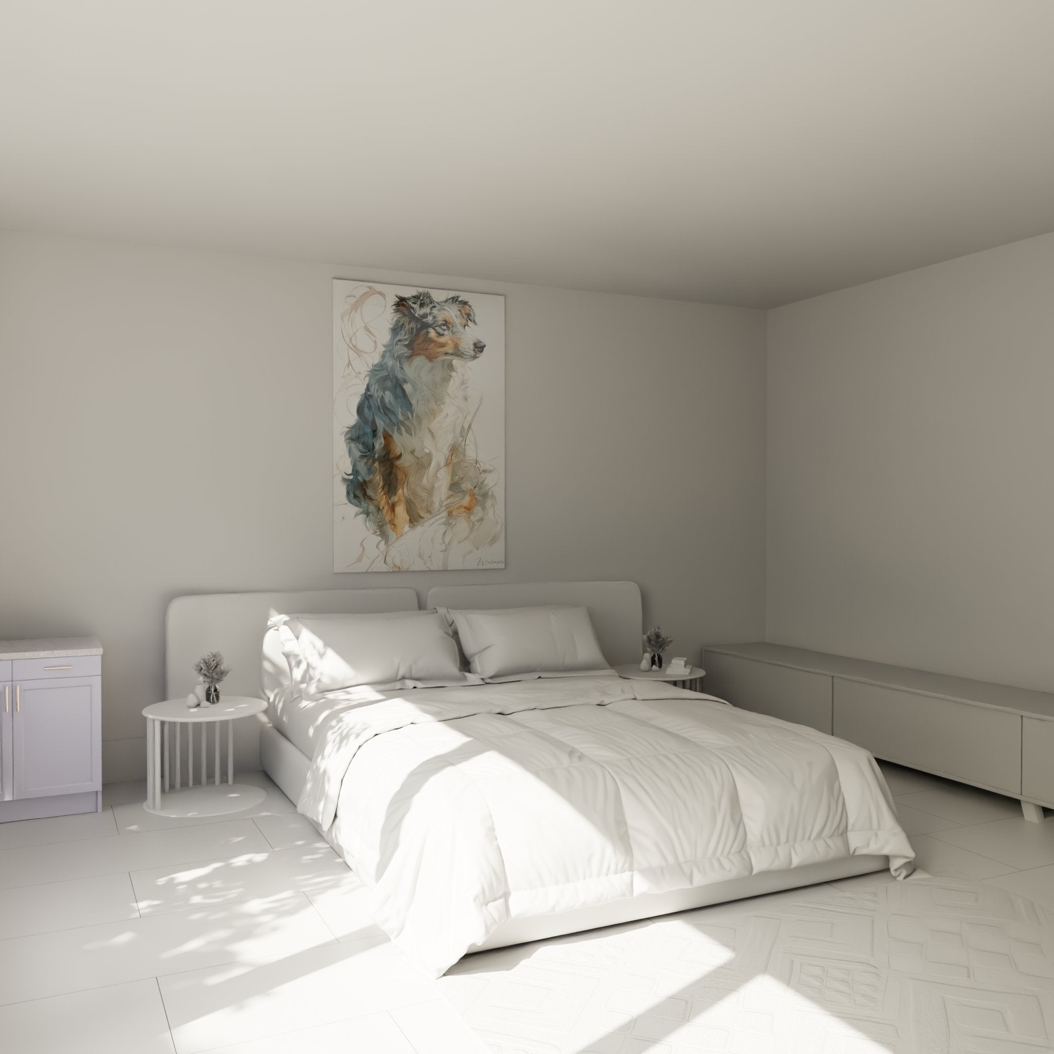 Gemälde Australian Shepherd tricolor im modernen Schlafzimmer mit hellen Wänden und zeitgenössischen Möbeln