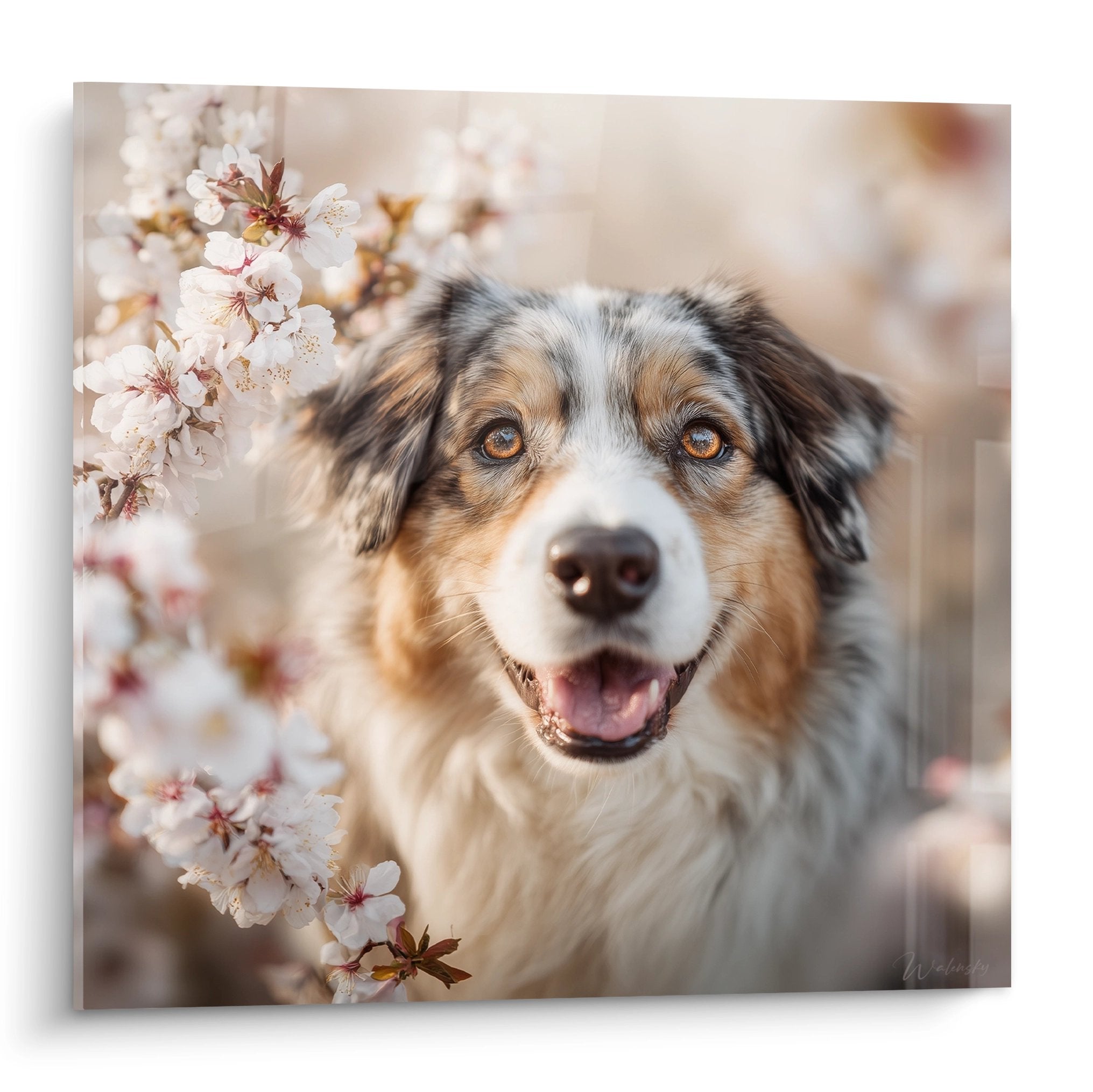 Tricolore australischer Schäferhund mit bernsteinfarben Augen, weiße Kirschblüten im unscharfen natürlichen Frühlingshintergrund