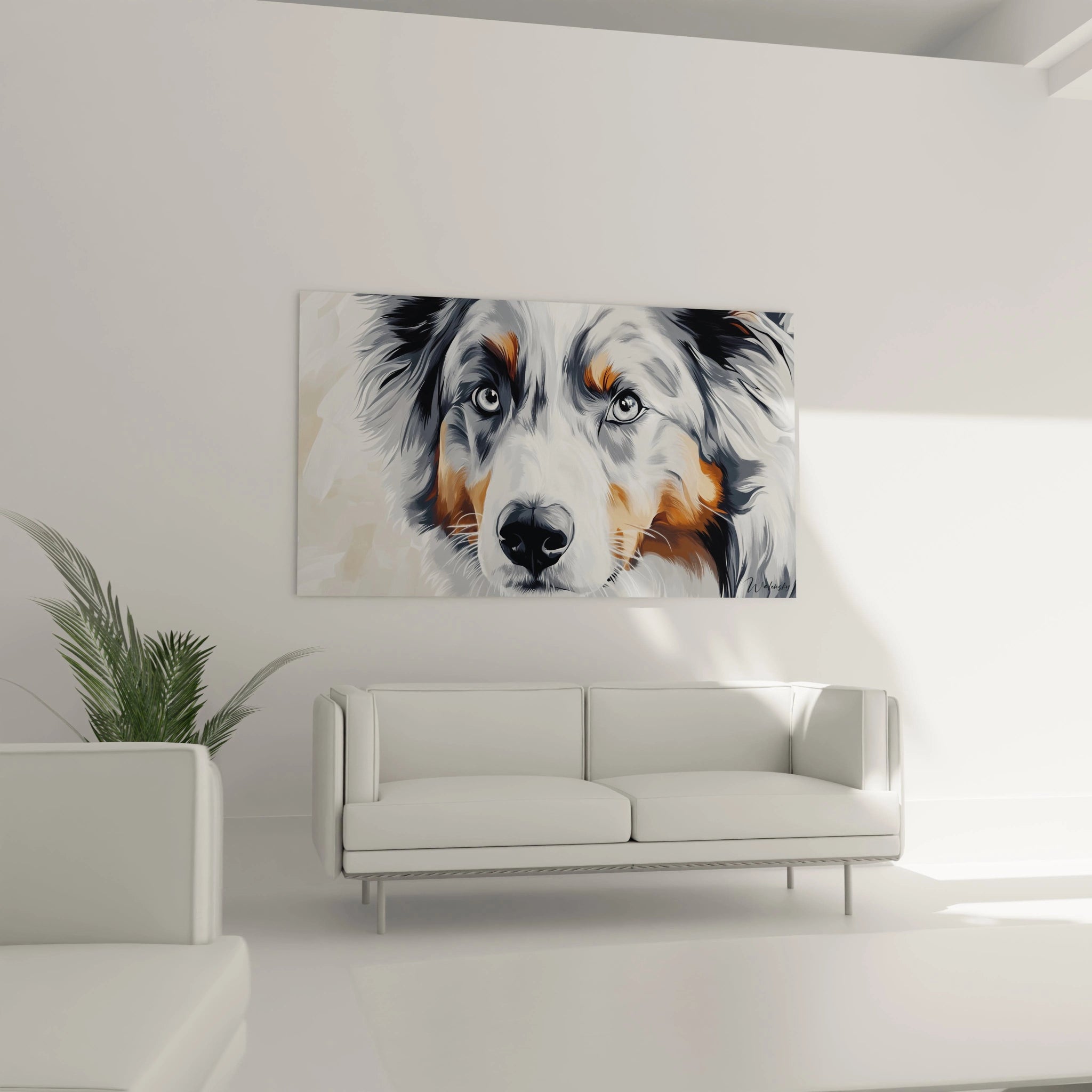 Tableau artistique d'un Berger Australien tricolore au regard expressif et attentif. Les détails précis du pelage moucheté noir, blanc et marron créent un portrait réaliste avec des transitions douces entre les couleurs et une texture vivante.