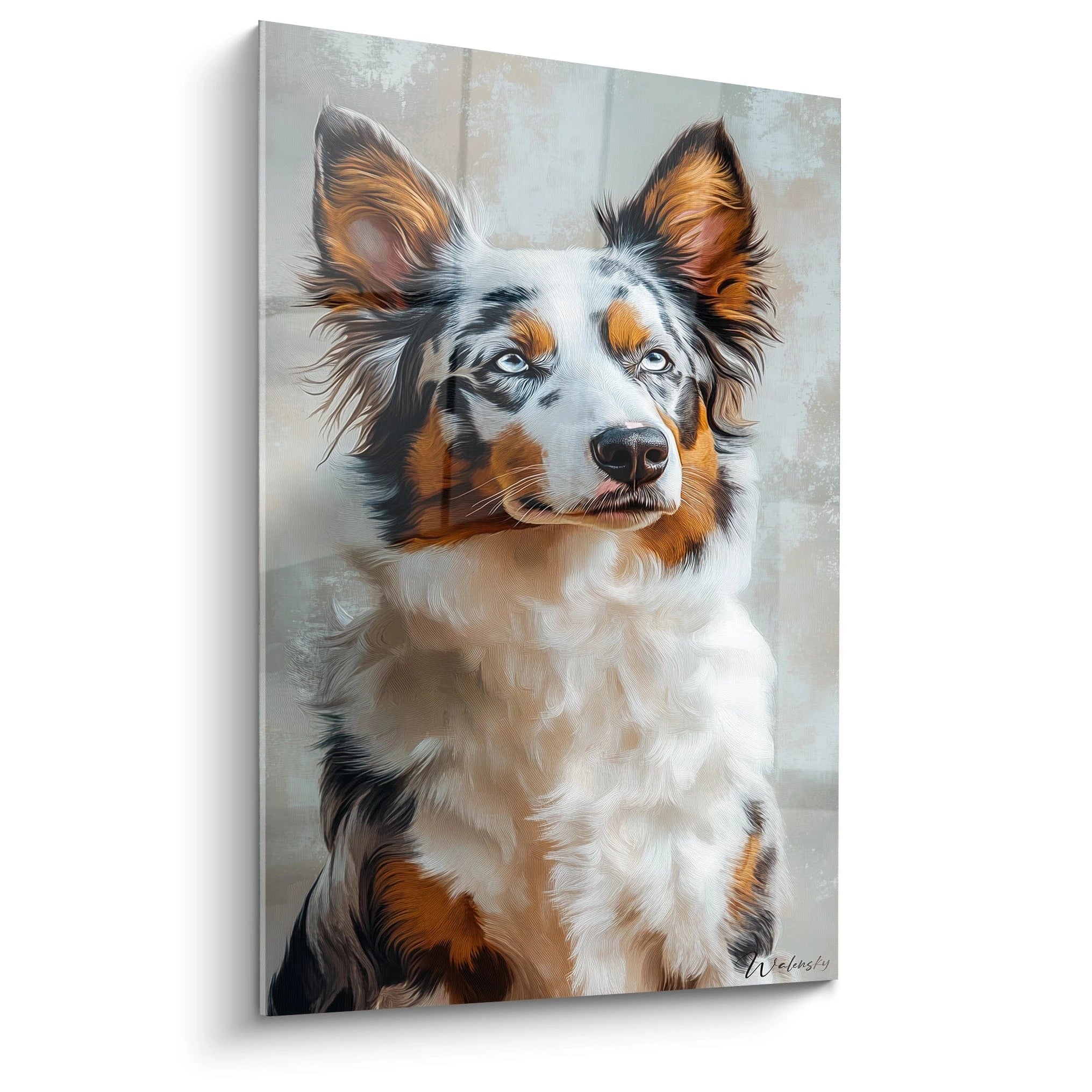 Un tableau Berger Australien au pelage tricolore blanc, noir et orange, avec des yeux bleus perçants, représenté de face sur fond gris texturé. Le rendu hyperréaliste capture chaque détail de la fourrure soyeuse et l'expression attentive caractéristique de la race.