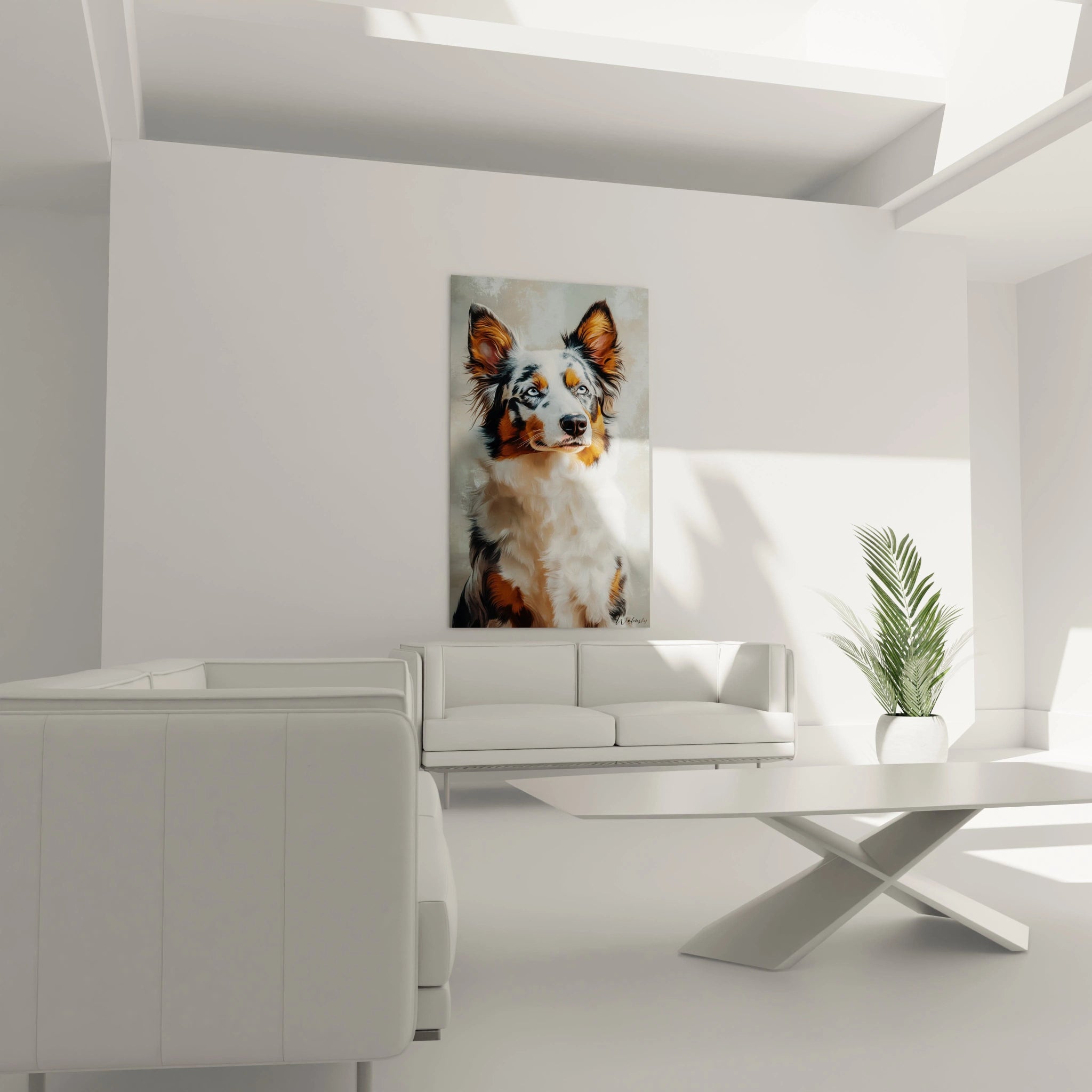 Tableau Berger Australien aux yeux bleus cristallins, montrant un portrait réaliste avec pelage blanc au poitrail, taches noires distinctives et marques orangées aux oreilles. La texture fine de chaque mèche et le fond gris subtil accentuent le réalisme saisissant.