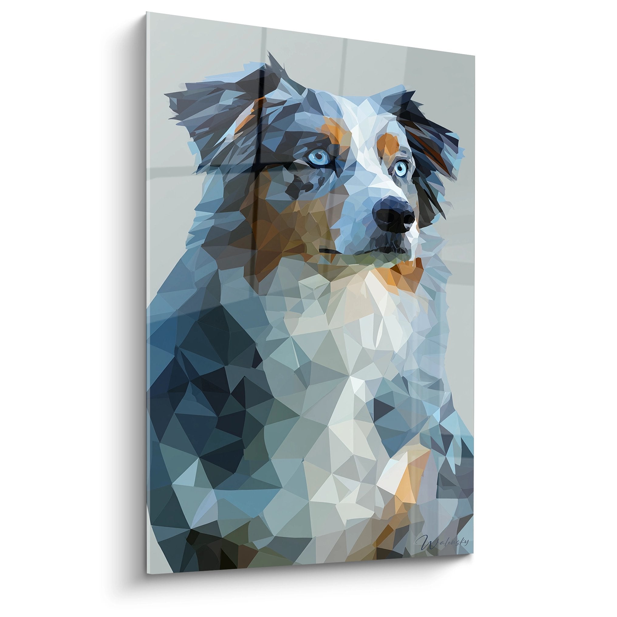 tableau berger australien yeux bleus technique polygonale moderne portrait chien geometrique mural decoration