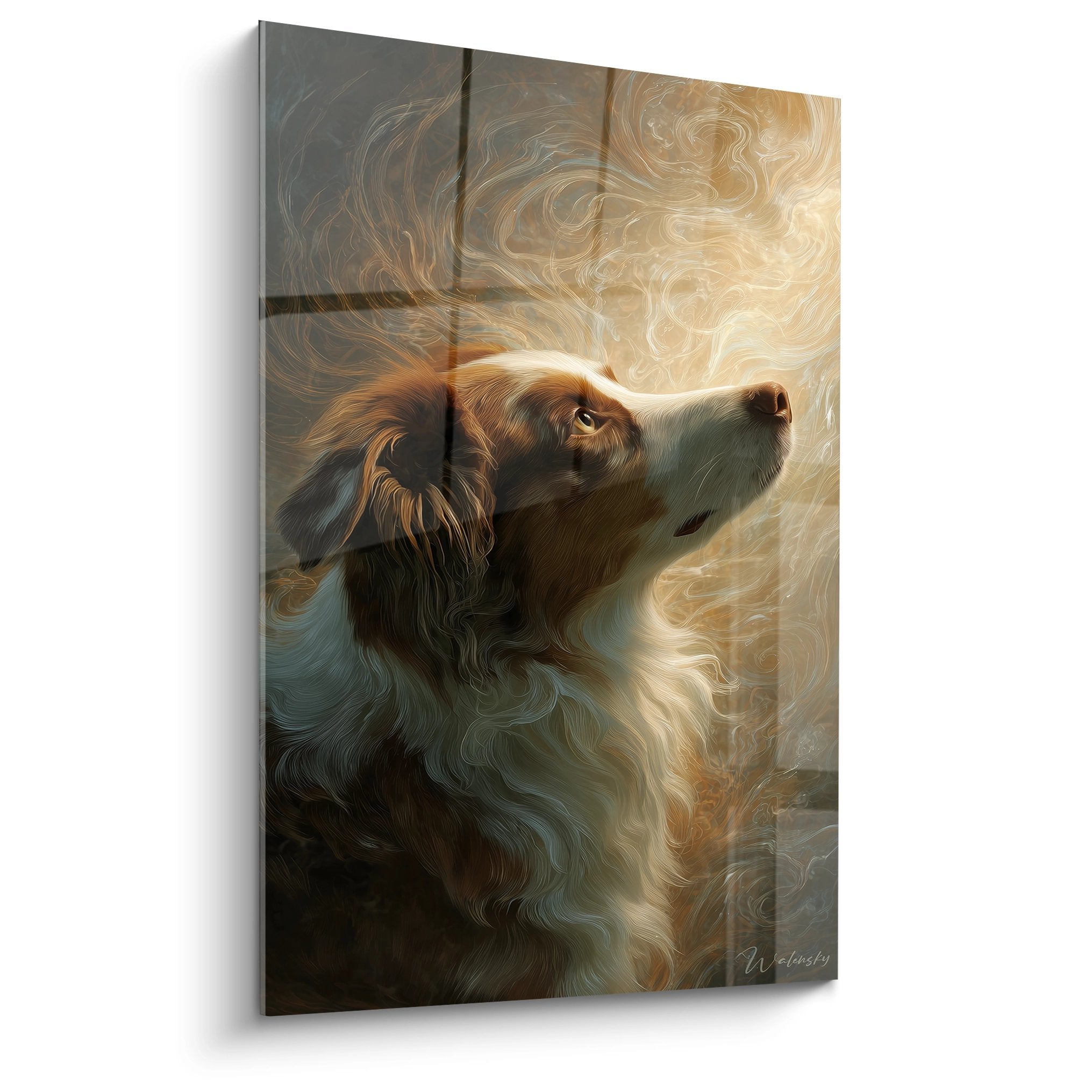Australian Shepherd Seitenprofil Blick hochgewandt goldene Töne Ocker Hundeporträt künstlerisch Wanddekoration