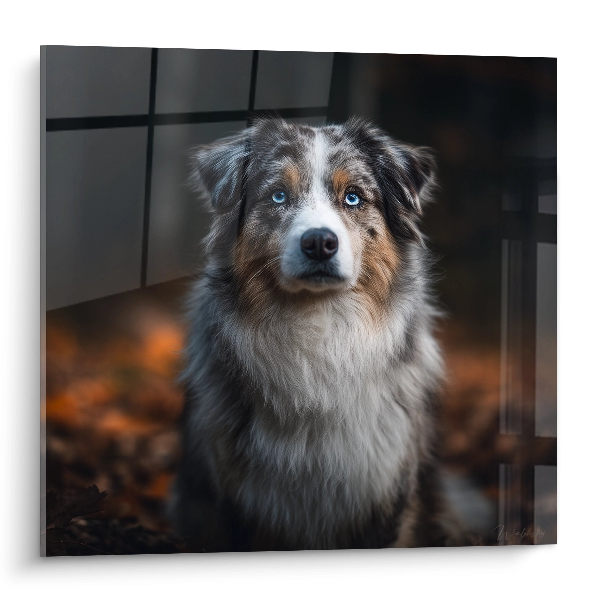 quadro pastore australiano occhi blu mantello merle ritratto cane razza nobile sguardo intenso