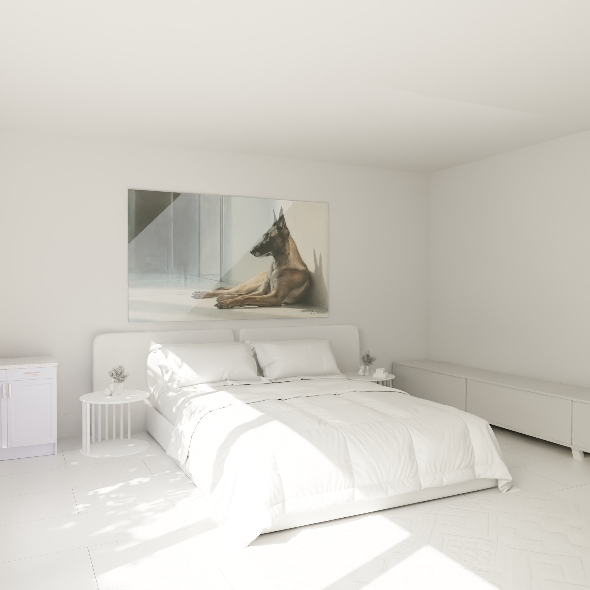 Quadro Pastore Belga Malinois sopra il letto in camera contemporanea con pareti grigio chiaro
